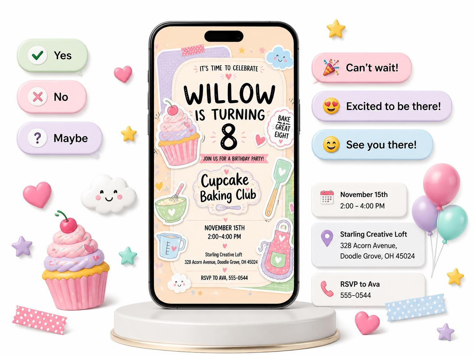 The Cupcake Pastel 8th Birthday Invitation invitation on a phone, with guest RSVPs arriving around it