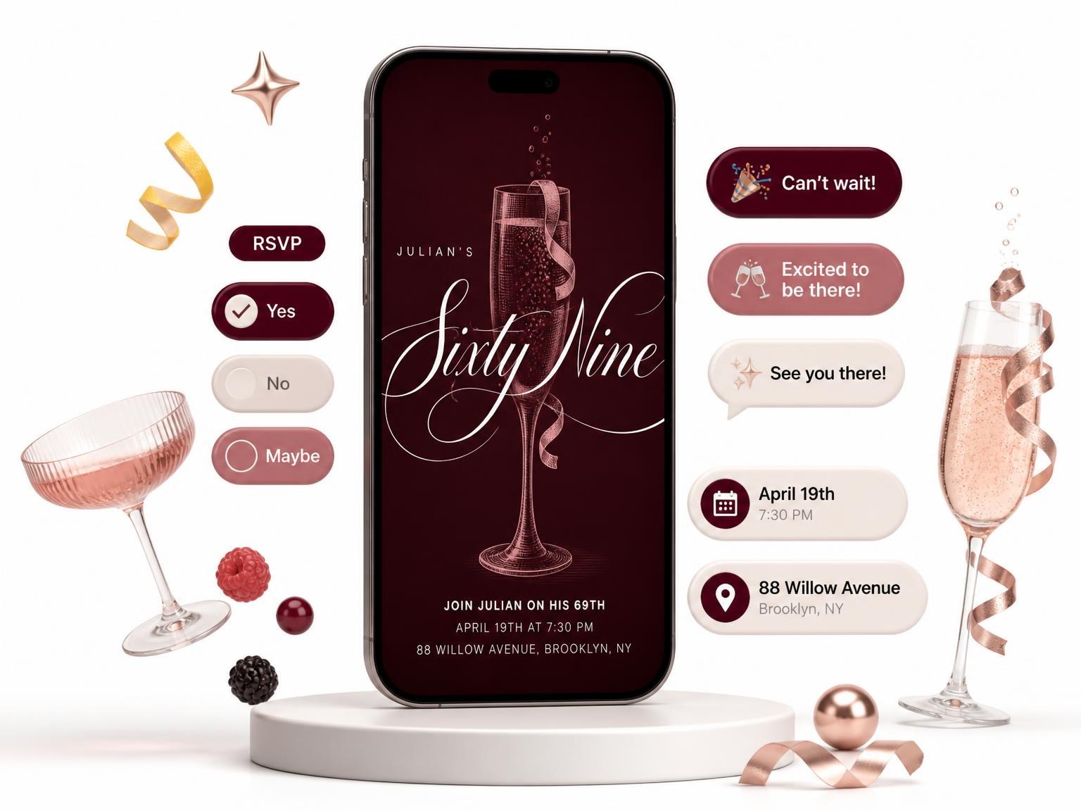 The Burgundy Cocktail 69th Birthday Invitation invitation on a phone, with guest RSVPs arriving around it