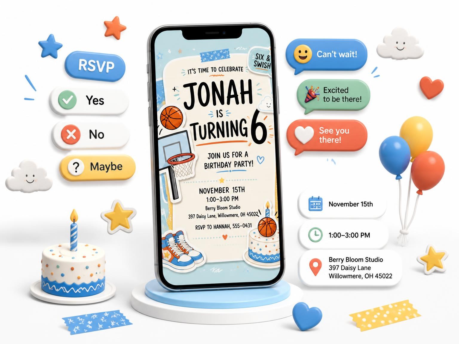 The Hoop Basketball Pastel 6th Birthday Invitation invitation on a phone, with guest RSVPs arriving around it