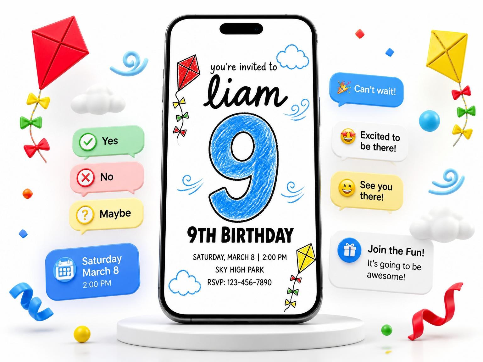 The Crayon Kite Illustration 9th Birthday Invitation invitation on a phone, with guest RSVPs arriving around it