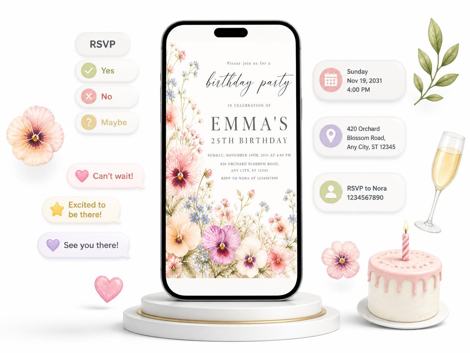 The Flowers Blush 25th Birthday Invitation invitation on a phone, with guest RSVPs arriving around it