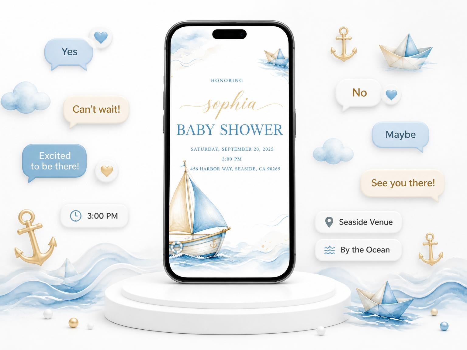 The Watercolor Sailboat Nautical Baby Shower invitation on a phone, with guest RSVPs arriving around it