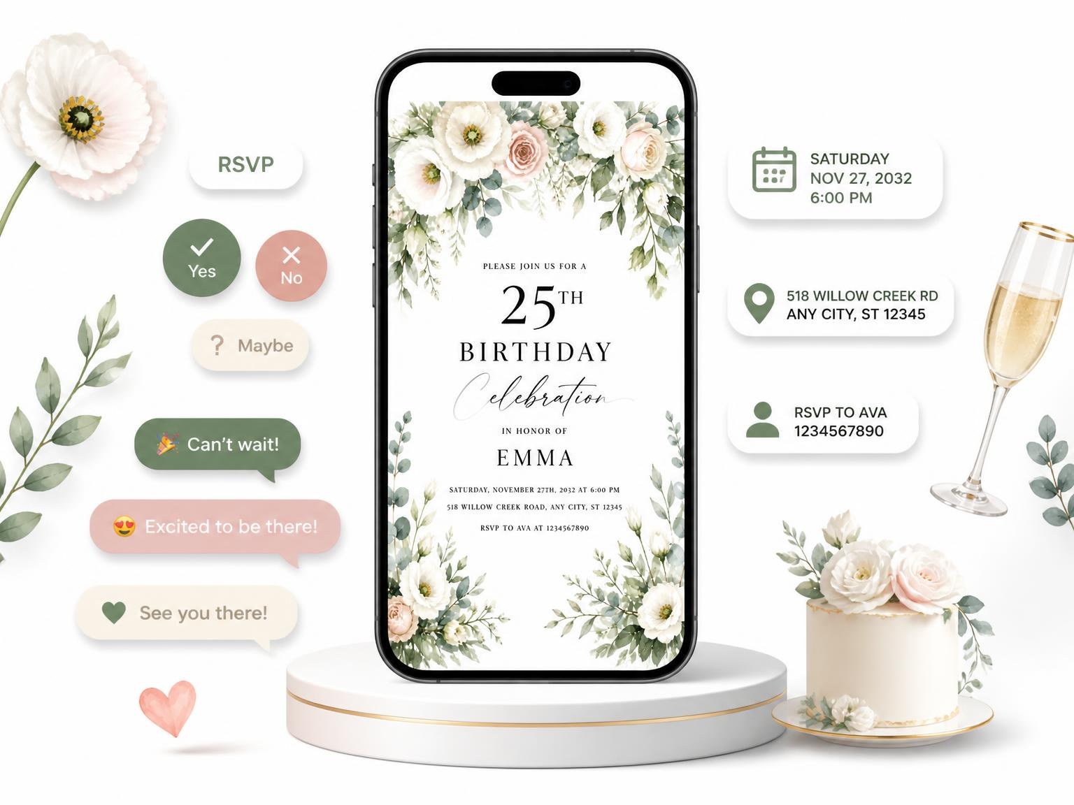 The Garland Header Ivory 25th Birthday Invitation invitation on a phone, with guest RSVPs arriving around it