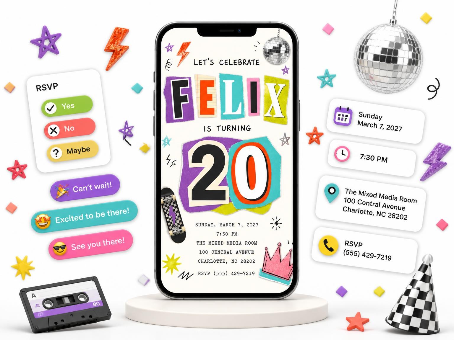 The Retro Paper Collage 20th Birthday Invitation invitation on a phone, with guest RSVPs arriving around it