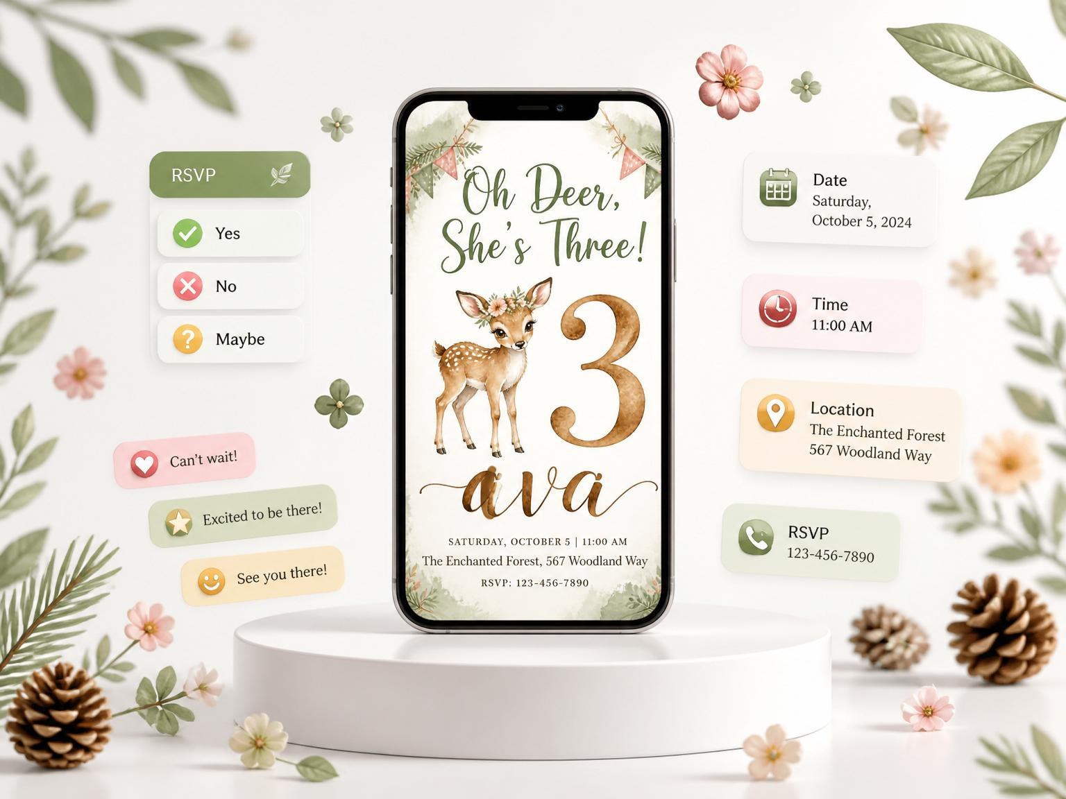 The Watercolor Deer Forest 3rd Birthday Invitation invitation on a phone, with guest RSVPs arriving around it