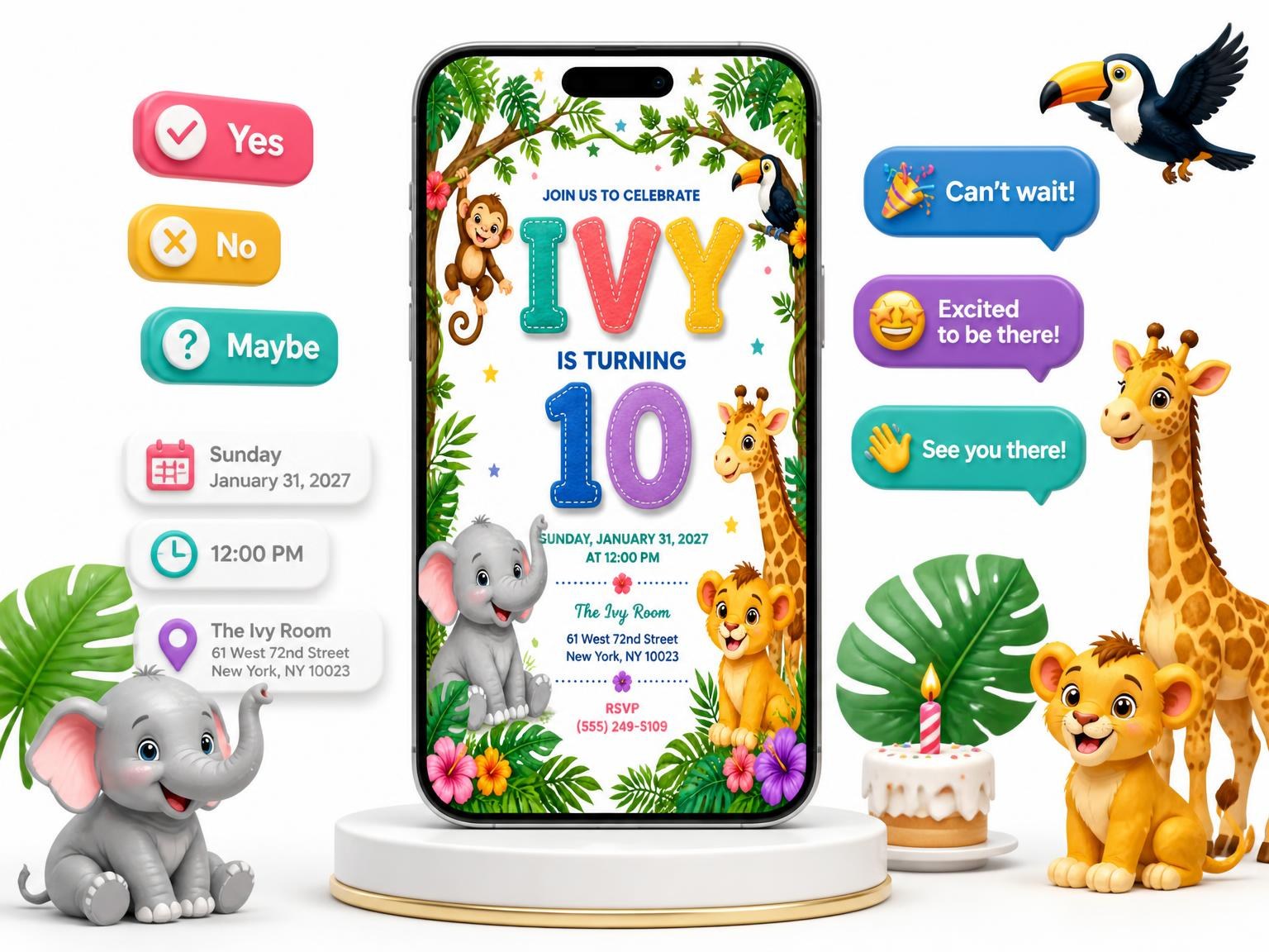 The Stitched Safari 10th Birthday Invitation invitation on a phone, with guest RSVPs arriving around it