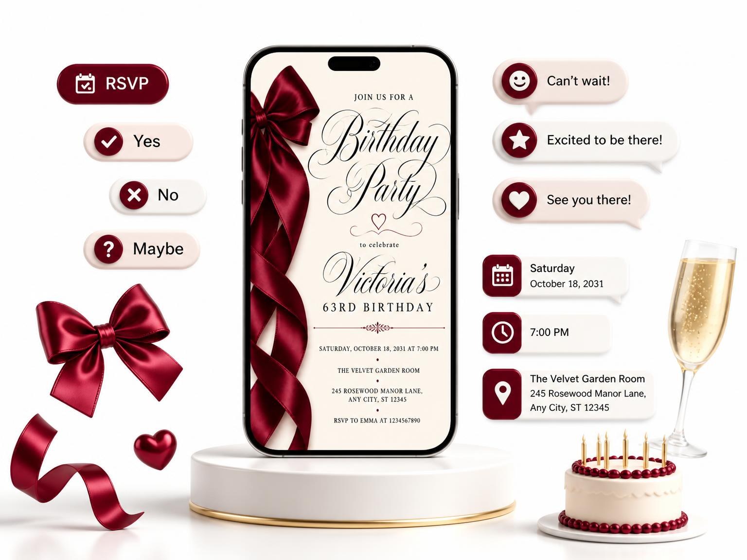 The Burgundy Satin Bow 63rd Birthday Invitation invitation on a phone, with guest RSVPs arriving around it