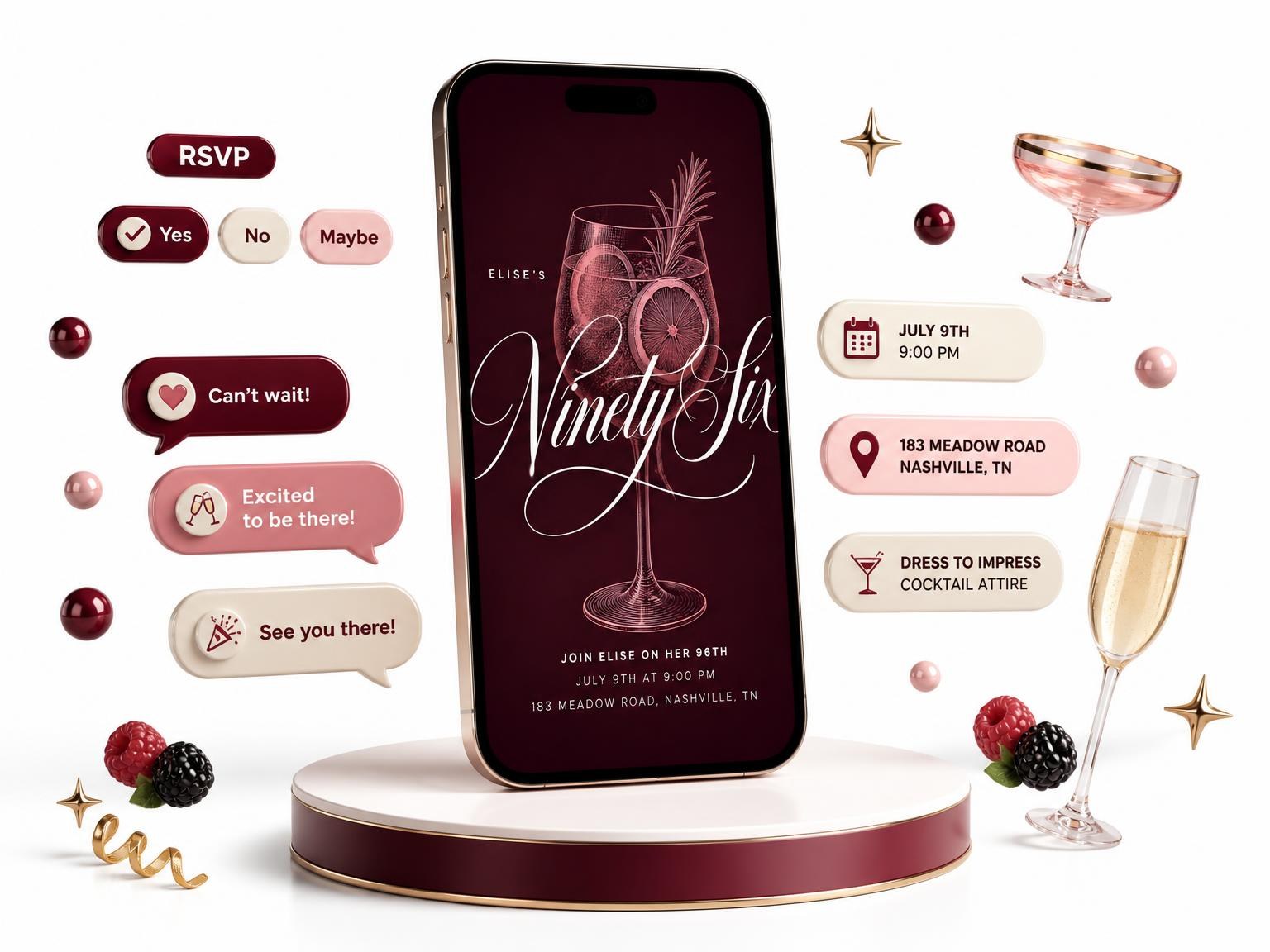 The Burgundy Cocktail 96th Birthday Invitation invitation on a phone, with guest RSVPs arriving around it