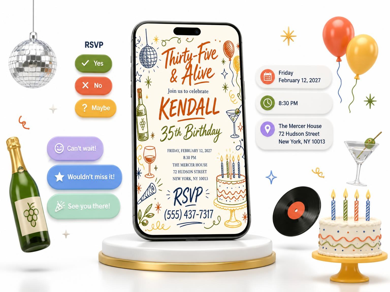 The Retro Doodle 35th Birthday Invitation invitation on a phone, with guest RSVPs arriving around it