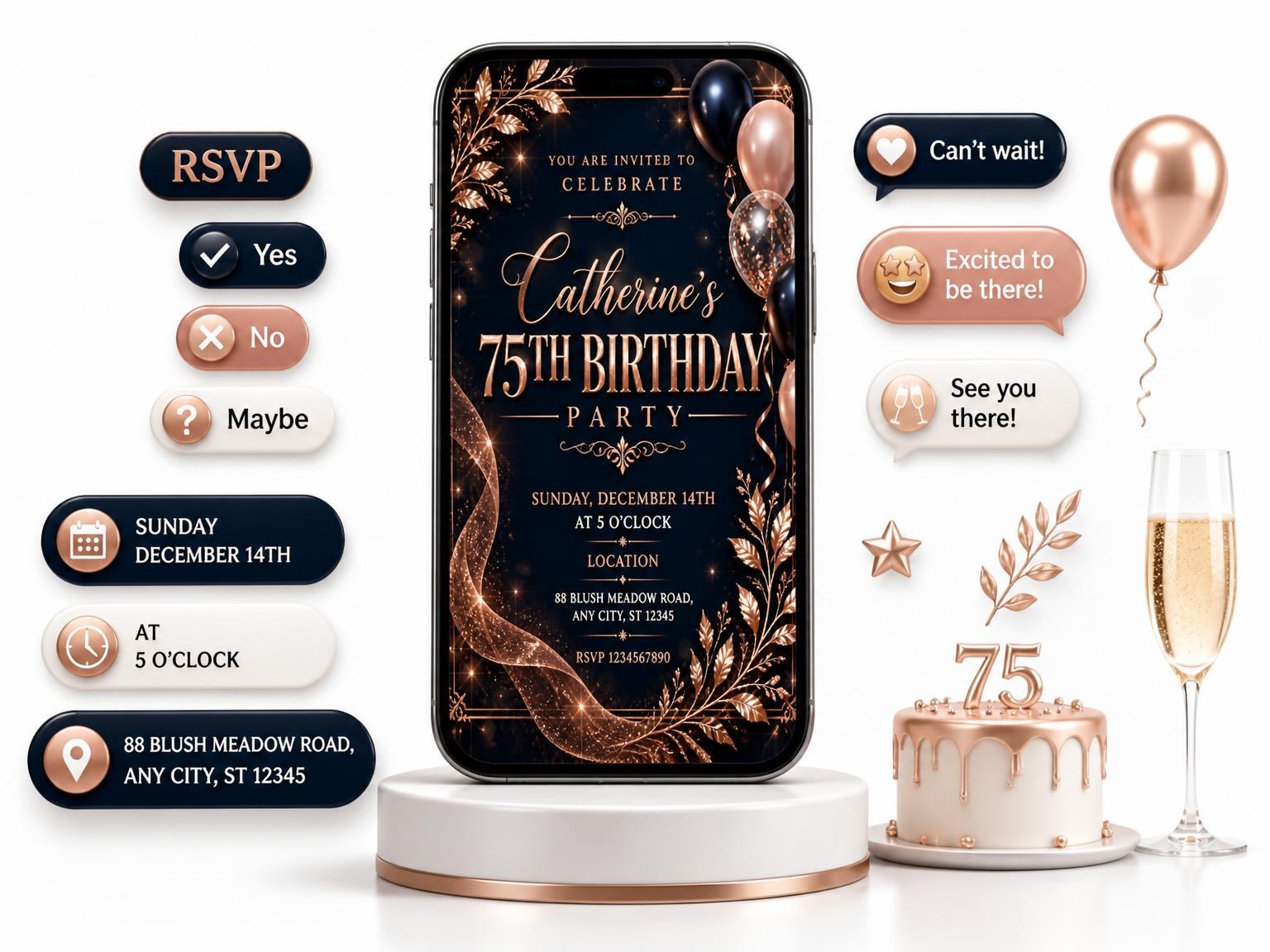 The Navy and Rose Gold 75th Birthday Invitation invitation on a phone, with guest RSVPs arriving around it