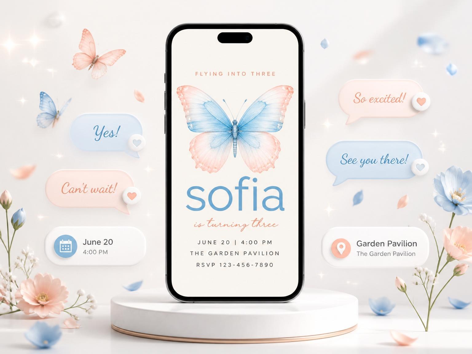 The Watercolor Butterfly 3rd Birthday Invitation invitation on a phone, with guest RSVPs arriving around it