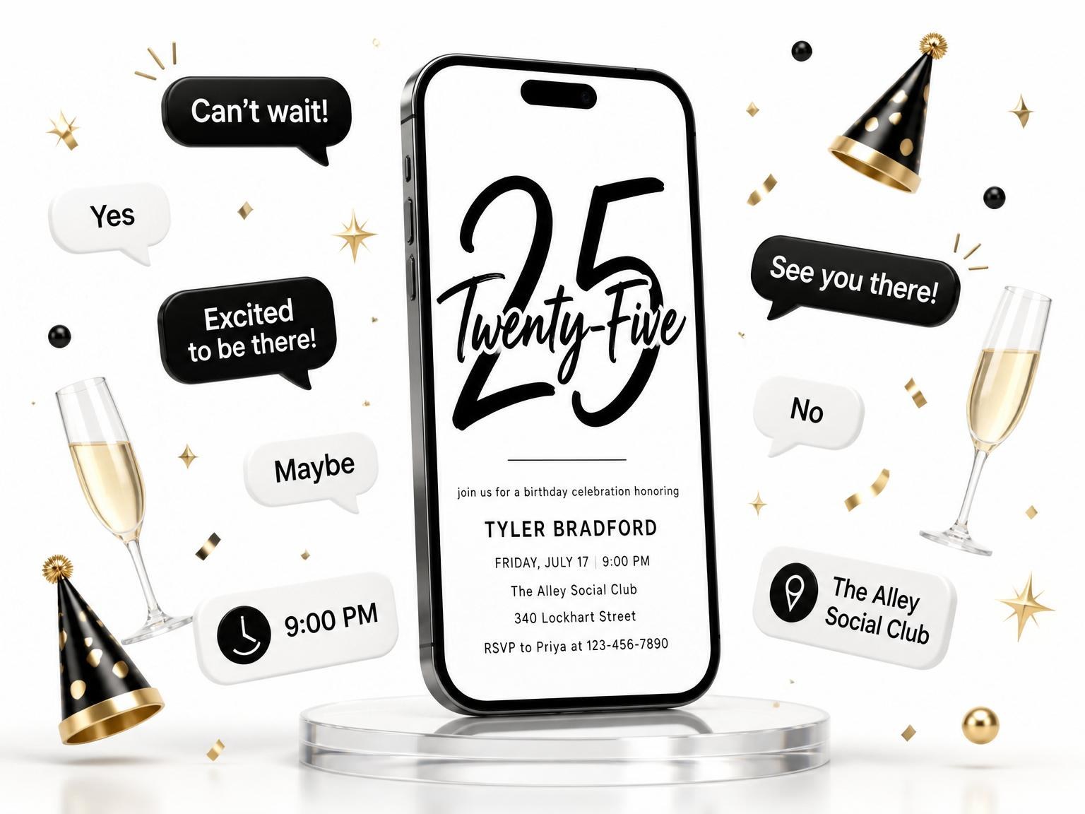 The Minimalist Brush-Stroke 25th Birthday invitation on a phone, with guest RSVPs arriving around it