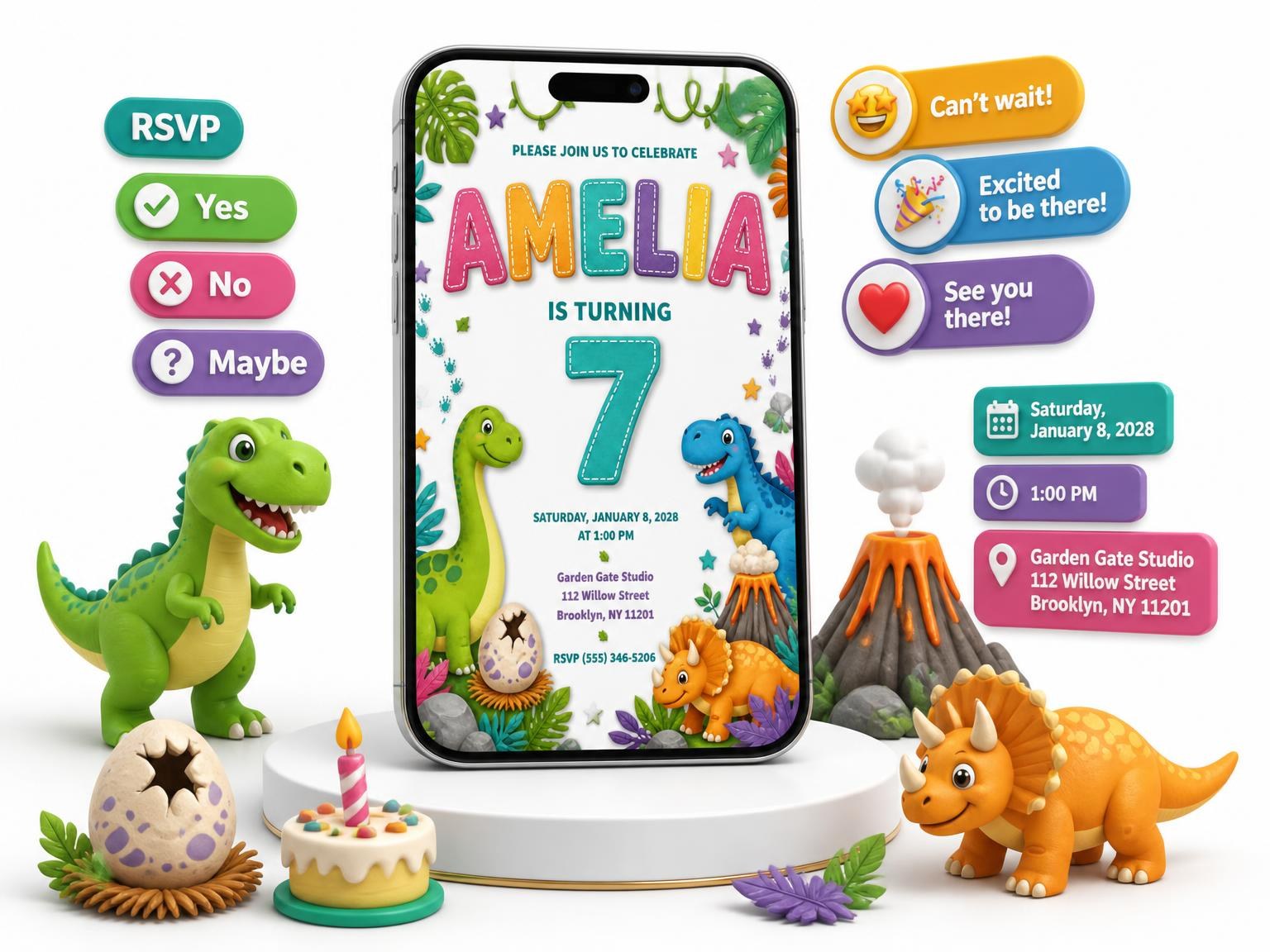 The Stitched Dinosaur 7th Birthday Invitation invitation on a phone, with guest RSVPs arriving around it