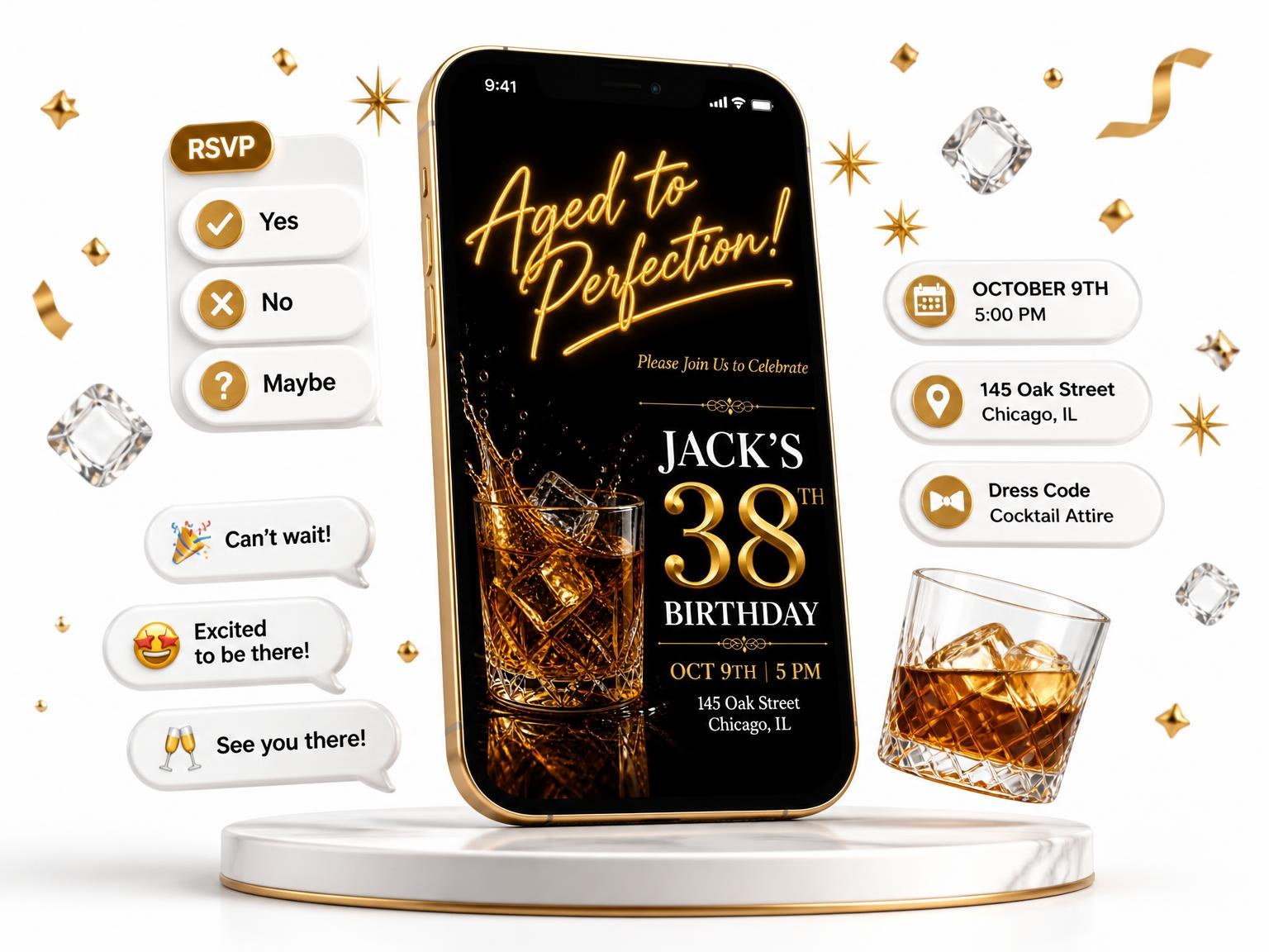 The Crystal Whiskey 38th Birthday Invitation invitation on a phone, with guest RSVPs arriving around it