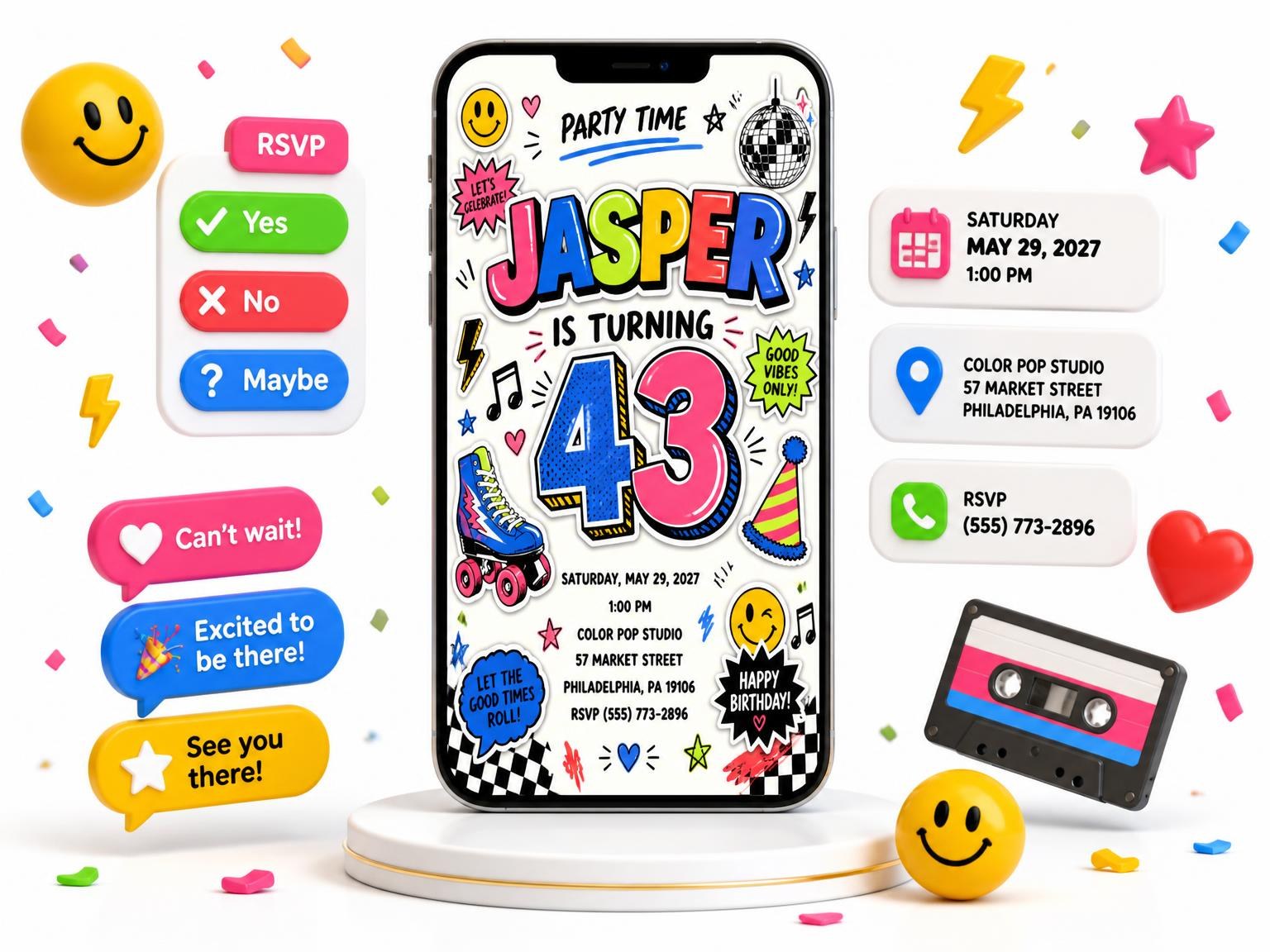 The Sticker Pop 43rd Birthday Invitation invitation on a phone, with guest RSVPs arriving around it