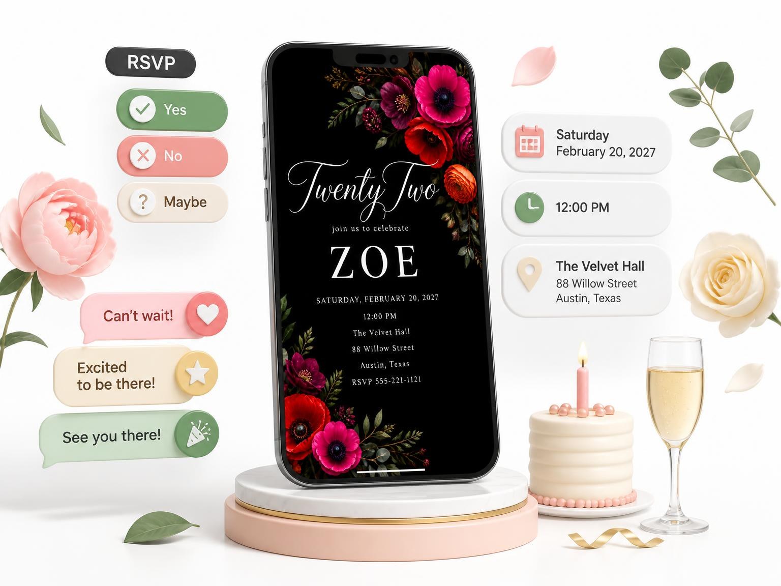 The Black Floral 22nd Birthday Invitation invitation on a phone, with guest RSVPs arriving around it