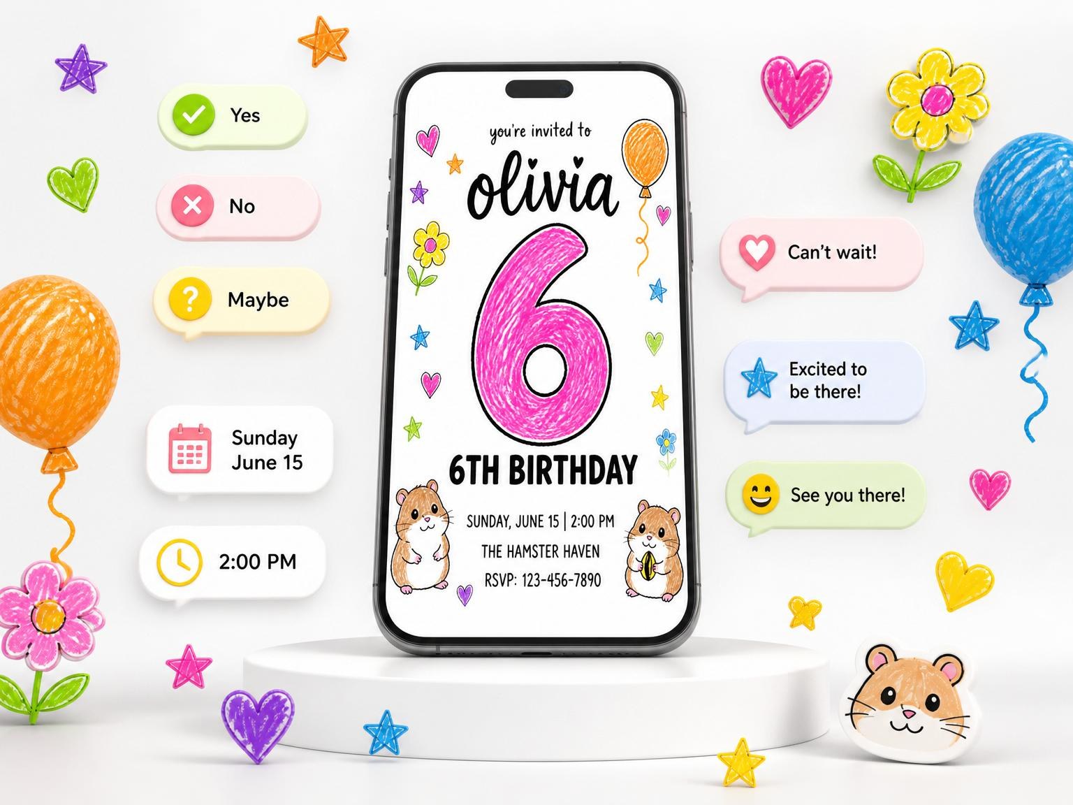 The Crayon Hamster Motif 6th Birthday Invitation invitation on a phone, with guest RSVPs arriving around it