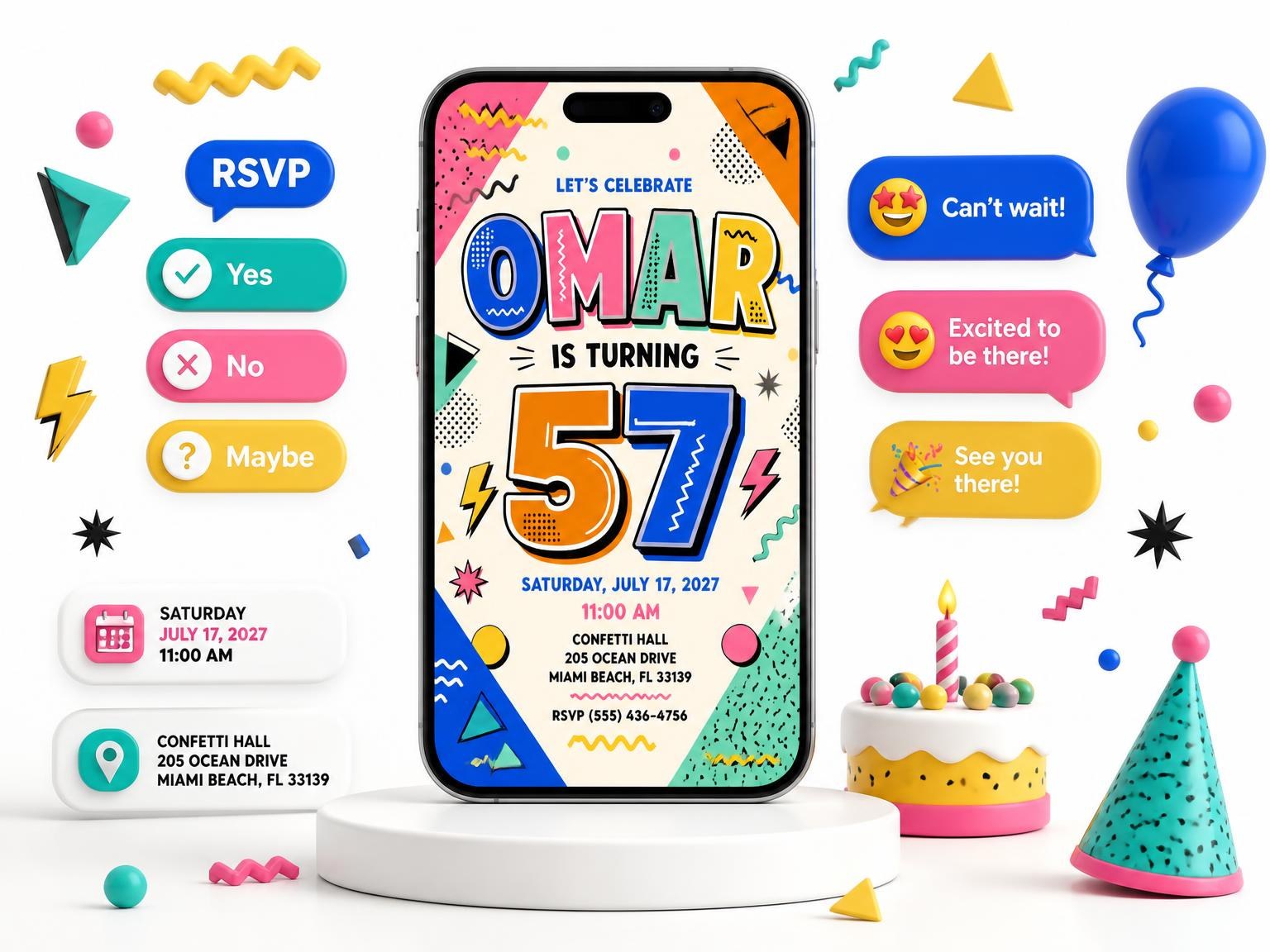 The Memphis Pop 57th Birthday Invitation invitation on a phone, with guest RSVPs arriving around it