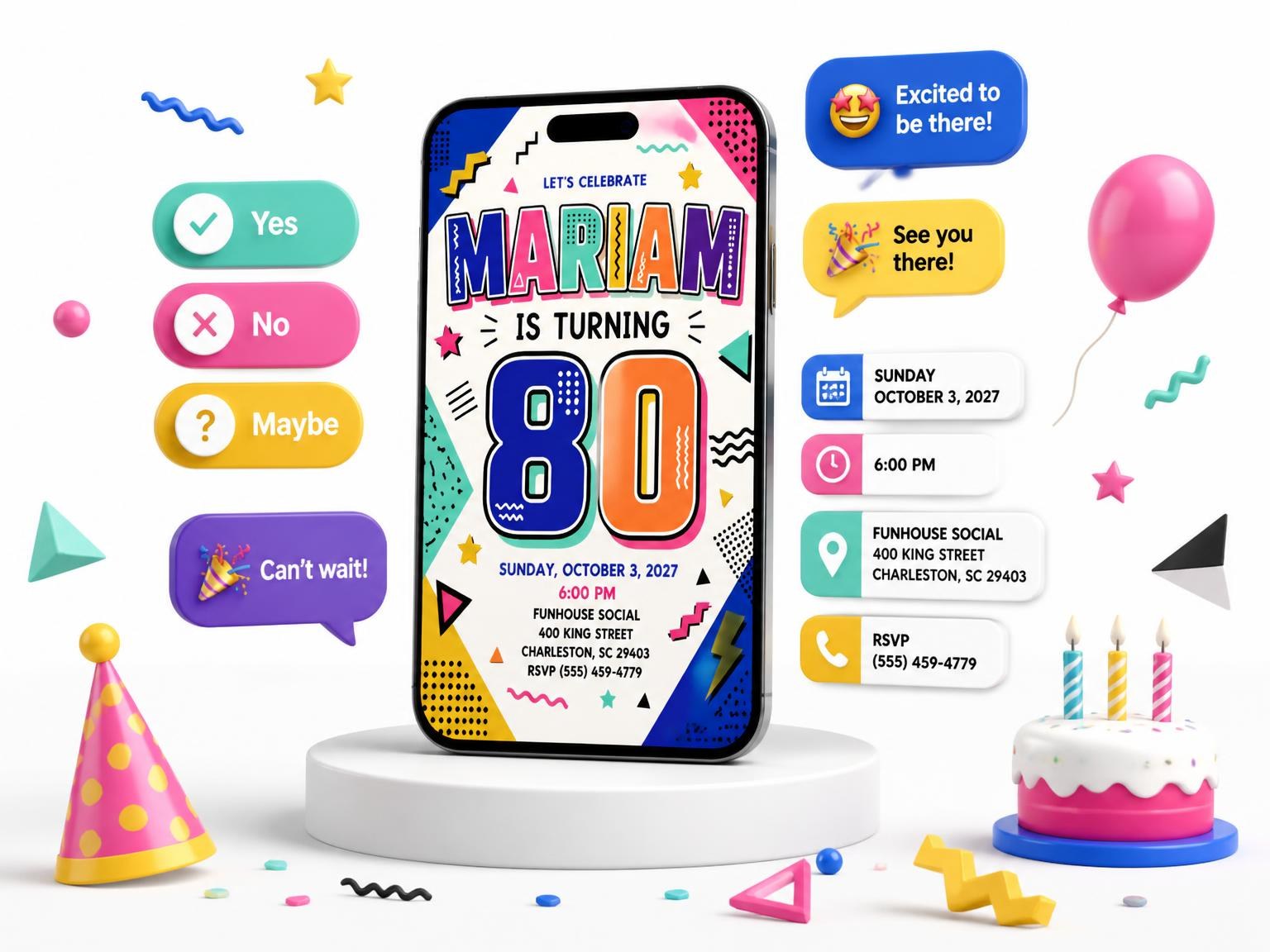 The Memphis Pop 80th Birthday Invitation invitation on a phone, with guest RSVPs arriving around it