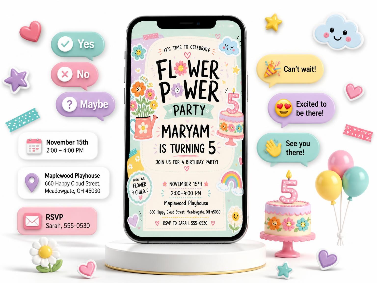 The Pastel Flower Power 5th Birthday Invitation invitation on a phone, with guest RSVPs arriving around it