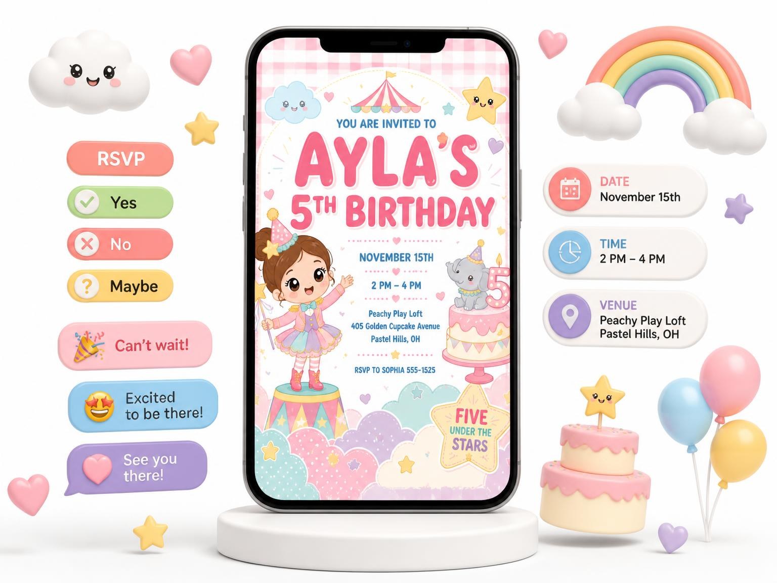 The Ringmaster Kawaii 5th Birthday Invitation invitation on a phone, with guest RSVPs arriving around it
