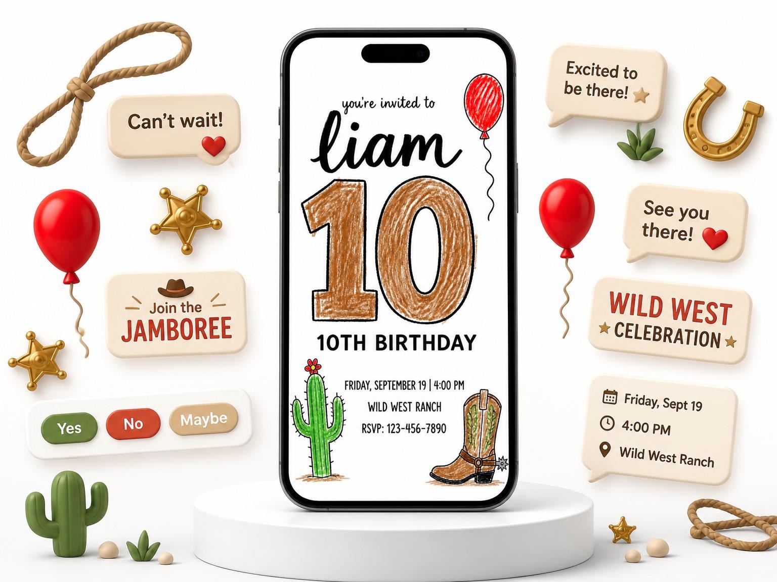 The Crayon Illustration Western 10th Birthday invitation on a phone, with guest RSVPs arriving around it