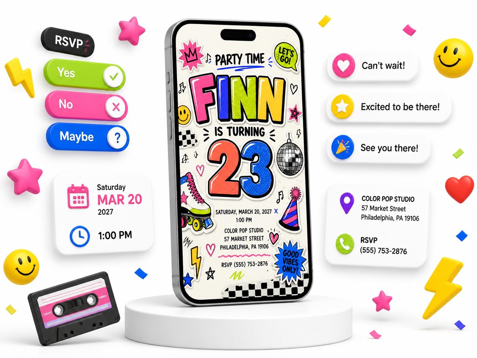 The Sticker Pop 23rd Birthday Invitation invitation on a phone, with guest RSVPs arriving around it
