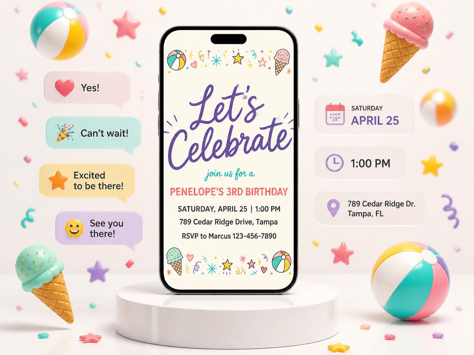 The Ice Cream Beach Ball 3rd Birthday invitation on a phone, with guest RSVPs arriving around it