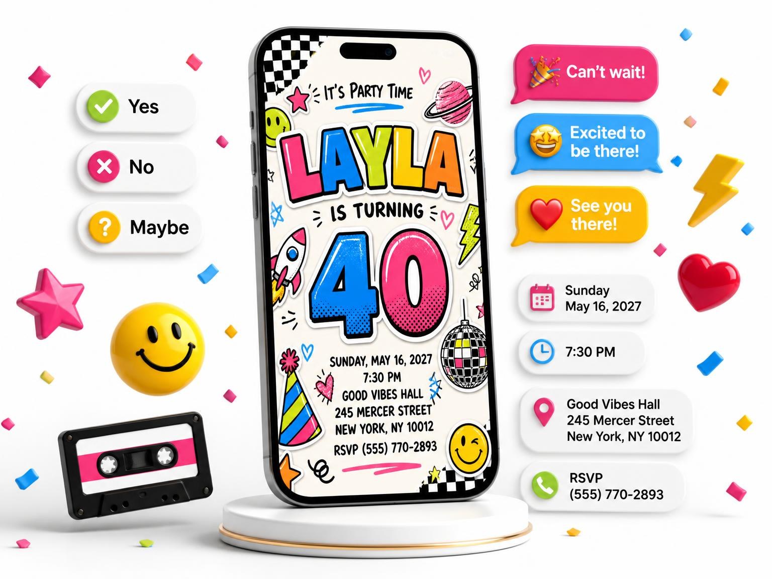 The Sticker Pop 40th Birthday Invitation invitation on a phone, with guest RSVPs arriving around it