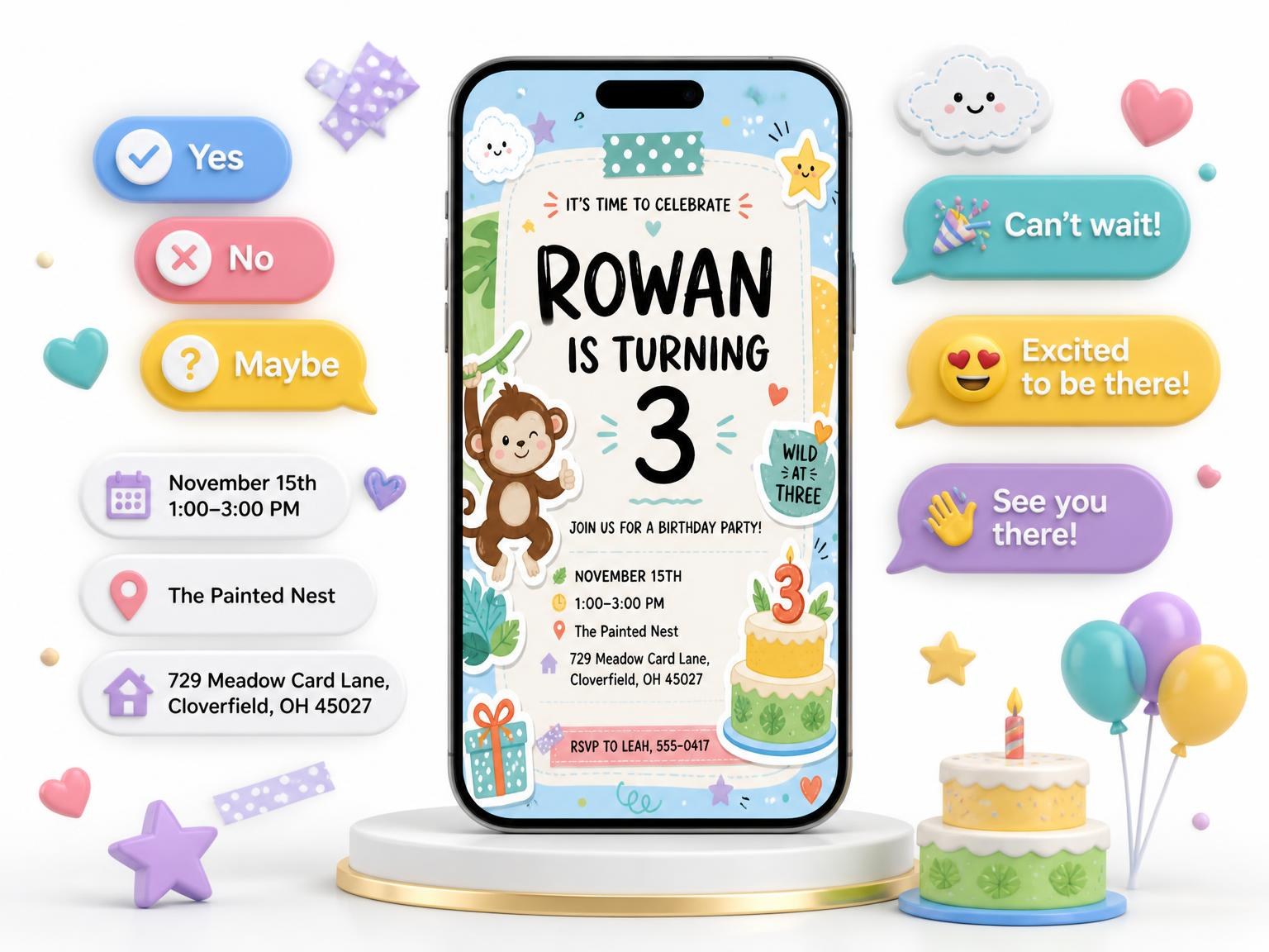 The Monkey Pastel Scrapbook 3rd Birthday Invitation invitation on a phone, with guest RSVPs arriving around it