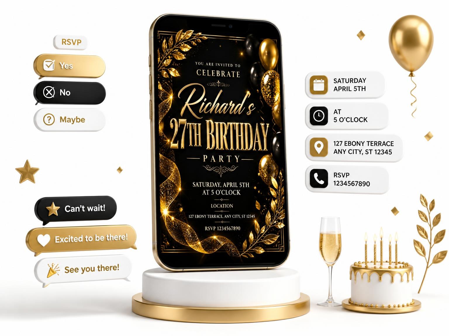 The Black and Gold 27th Birthday Invitation invitation on a phone, with guest RSVPs arriving around it