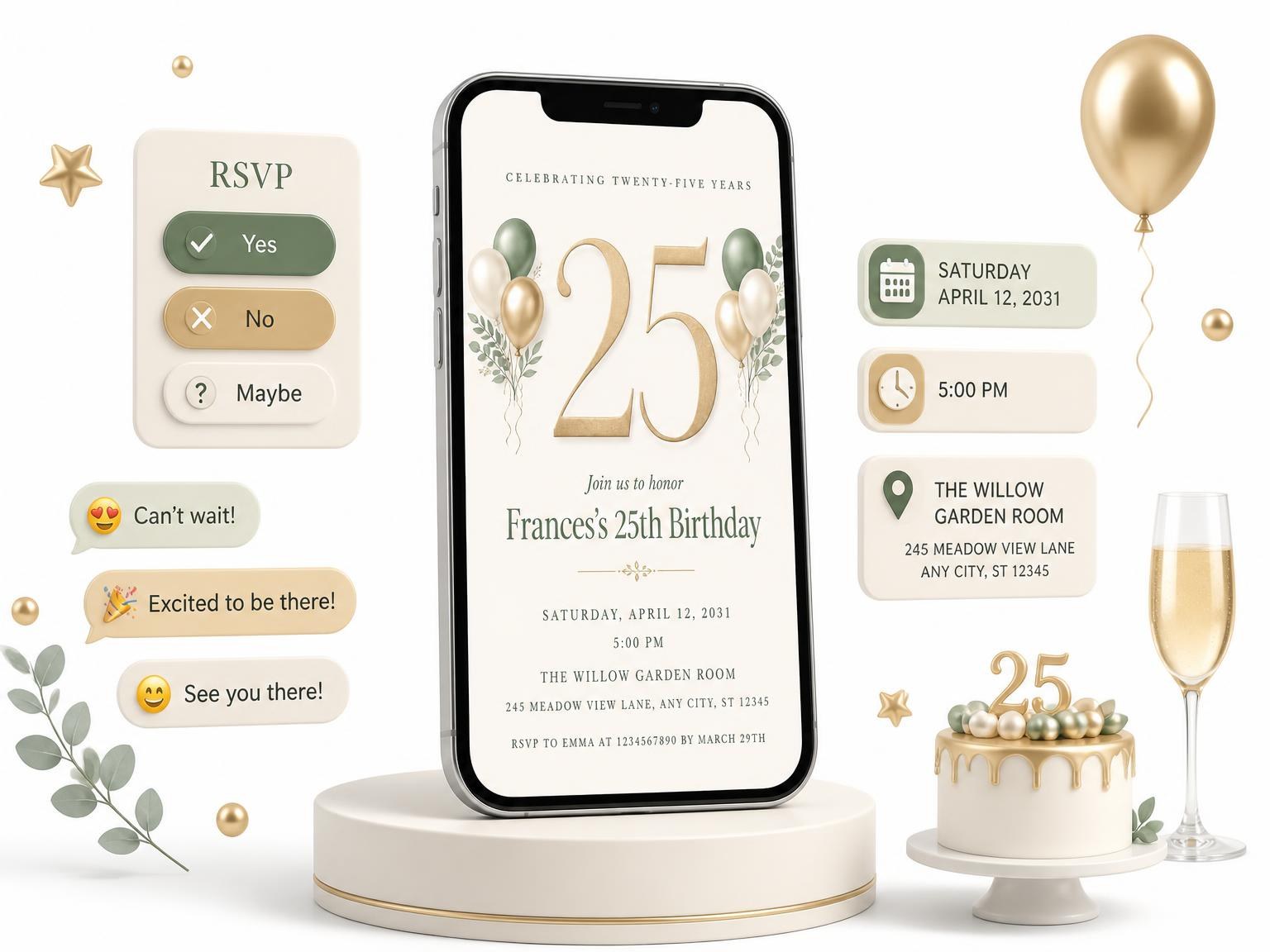 The Sage and Ivory 25th Birthday Invitation invitation on a phone, with guest RSVPs arriving around it