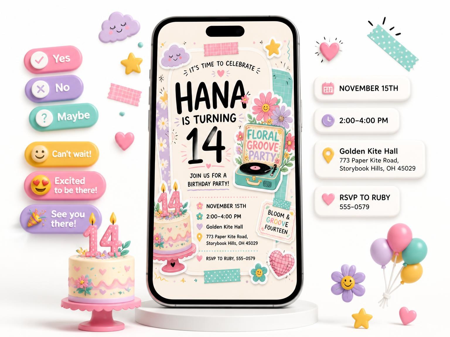 The Floral Groove 14th Birthday Invitation invitation on a phone, with guest RSVPs arriving around it