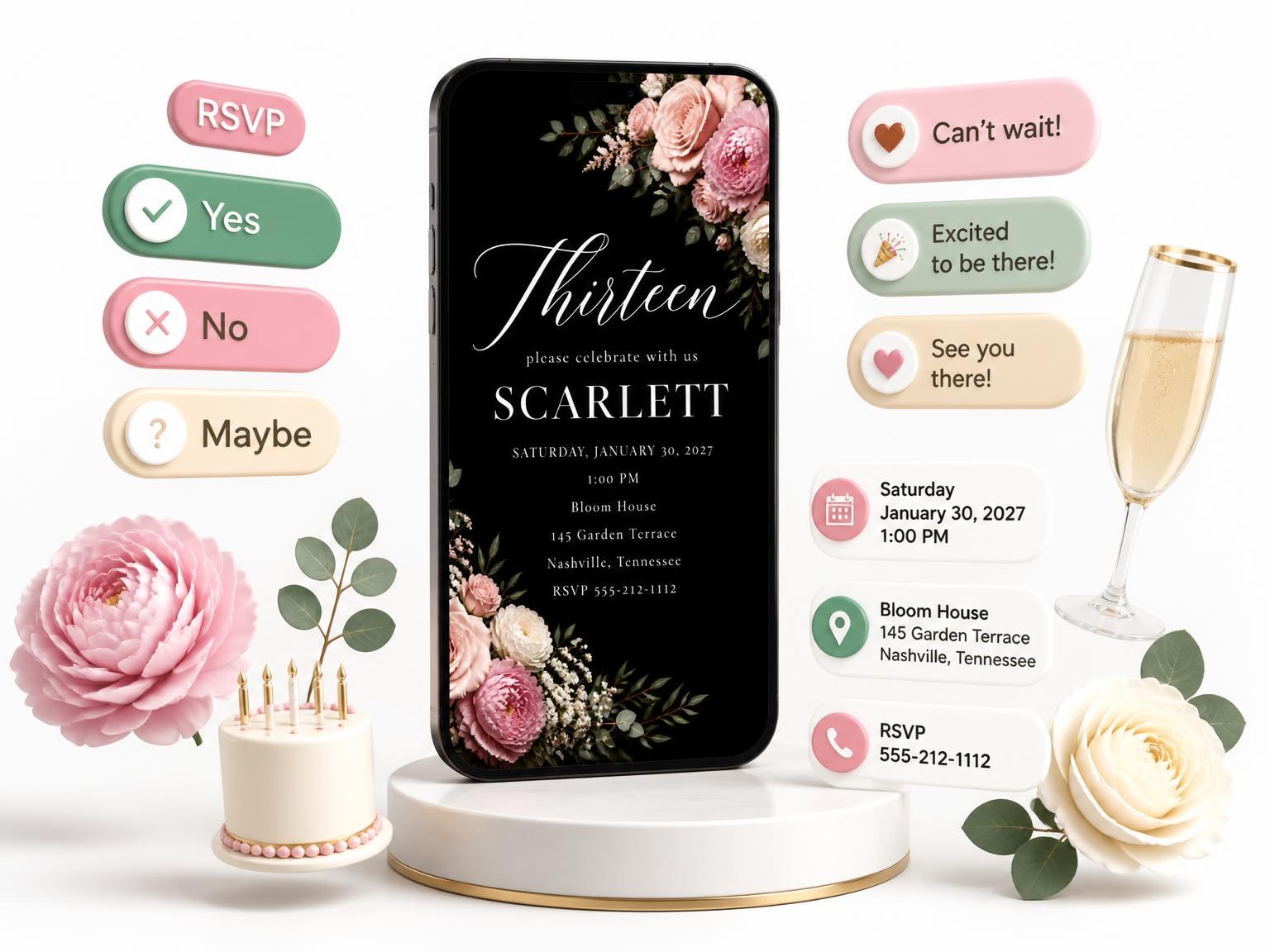 The Black Floral 13th Birthday Invitation invitation on a phone, with guest RSVPs arriving around it