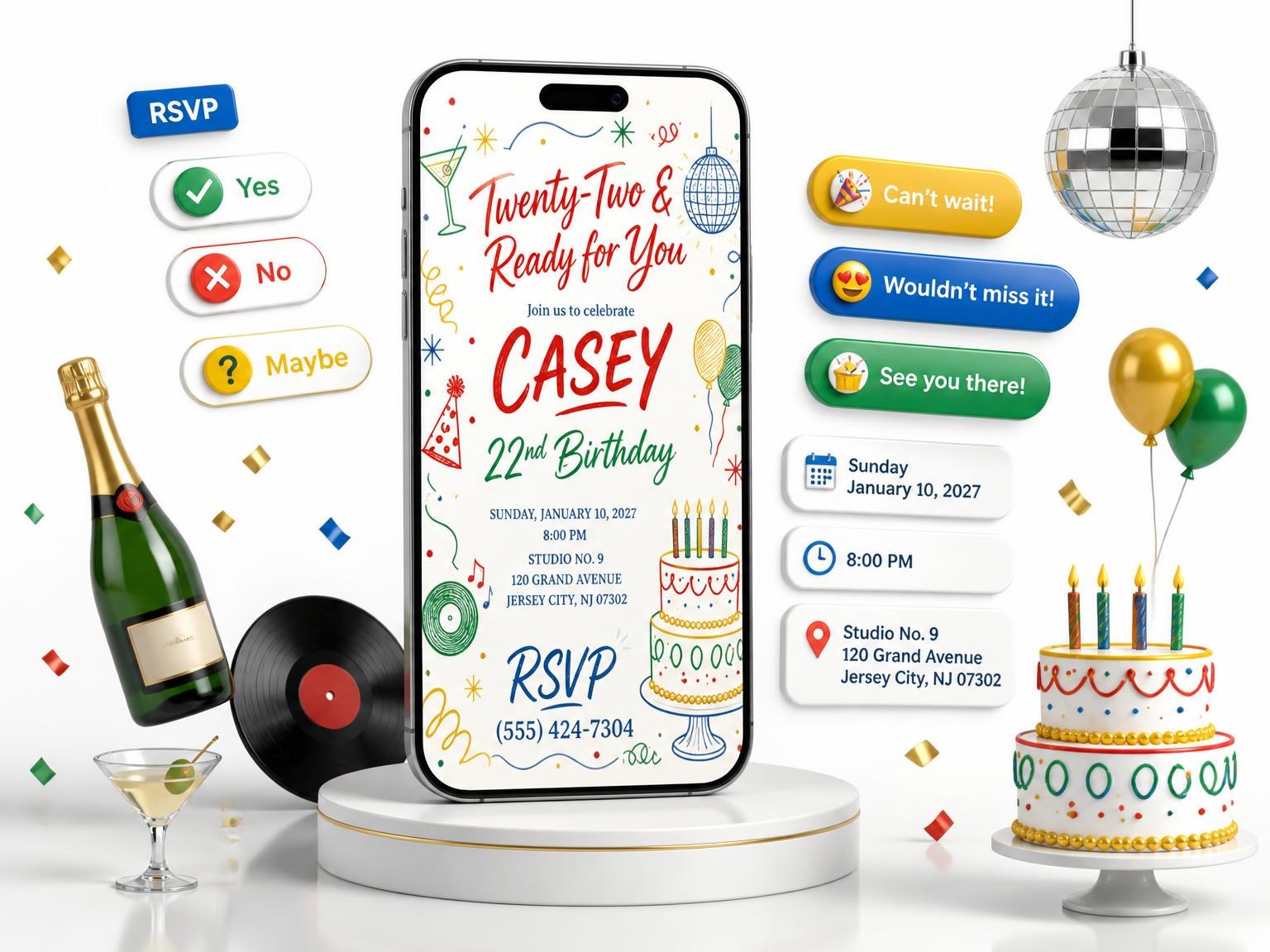 The Retro Doodle 22nd Birthday Invitation invitation on a phone, with guest RSVPs arriving around it