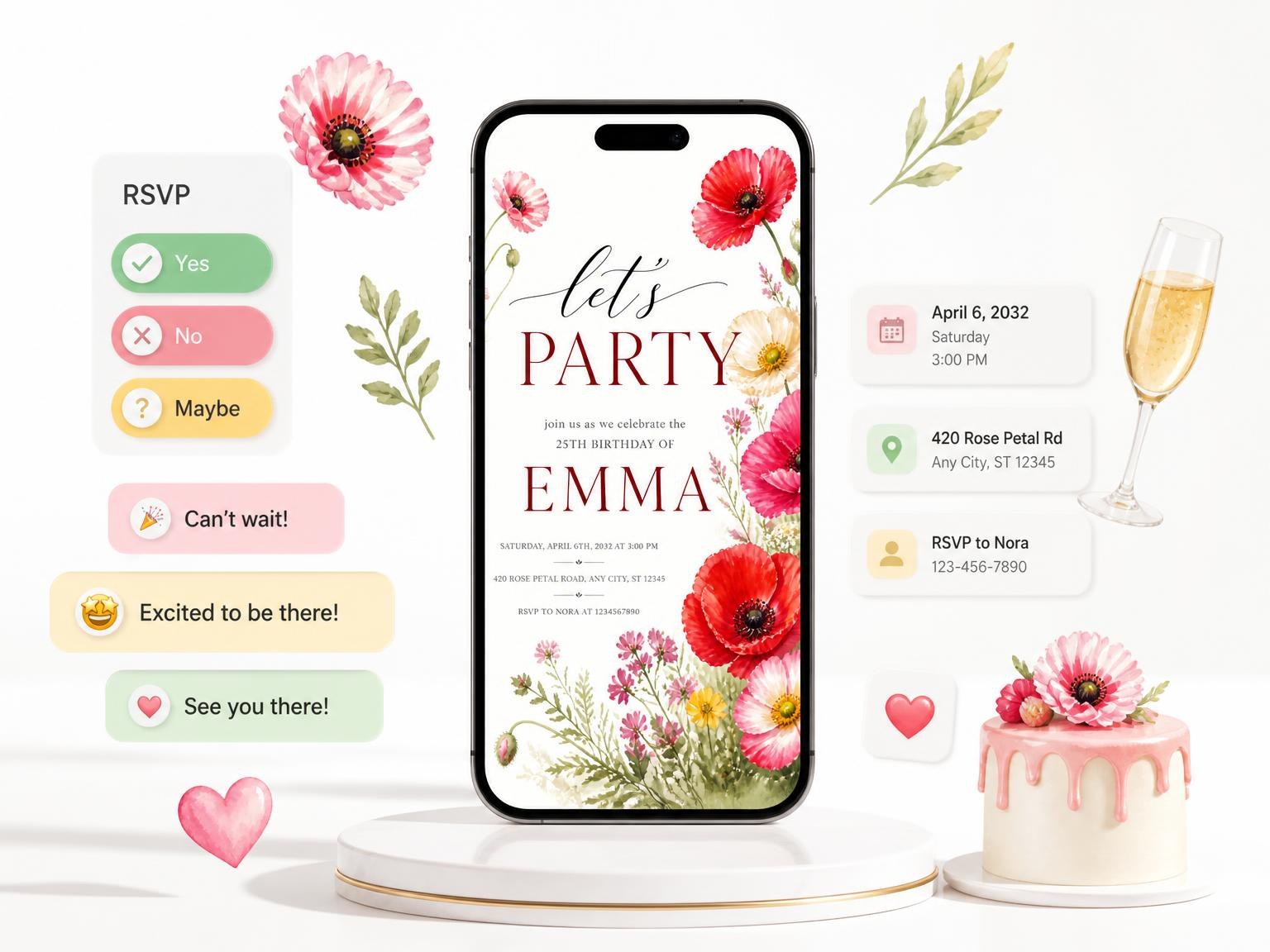 The Meadow Florals Scarlet 25th Birthday Invitation invitation on a phone, with guest RSVPs arriving around it