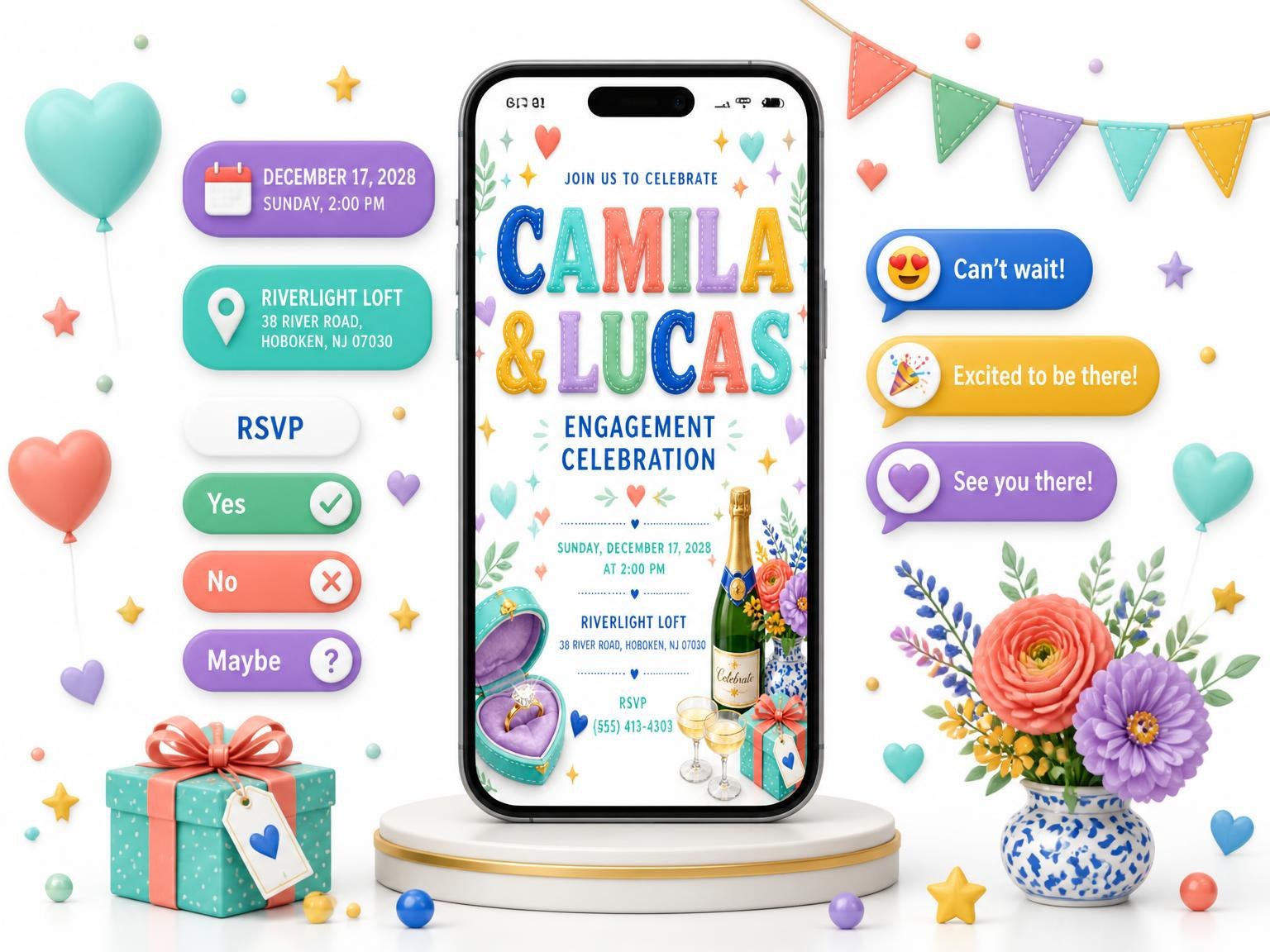 The Engagement Celebration Invitation invitation on a phone, with guest RSVPs arriving around it