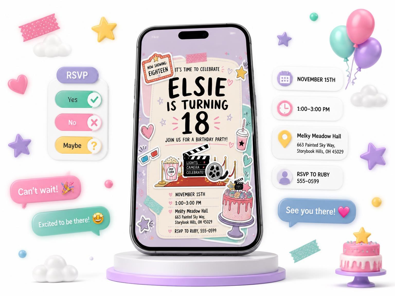 The Marquee Sign Pastel 18th Birthday Invitation invitation on a phone, with guest RSVPs arriving around it