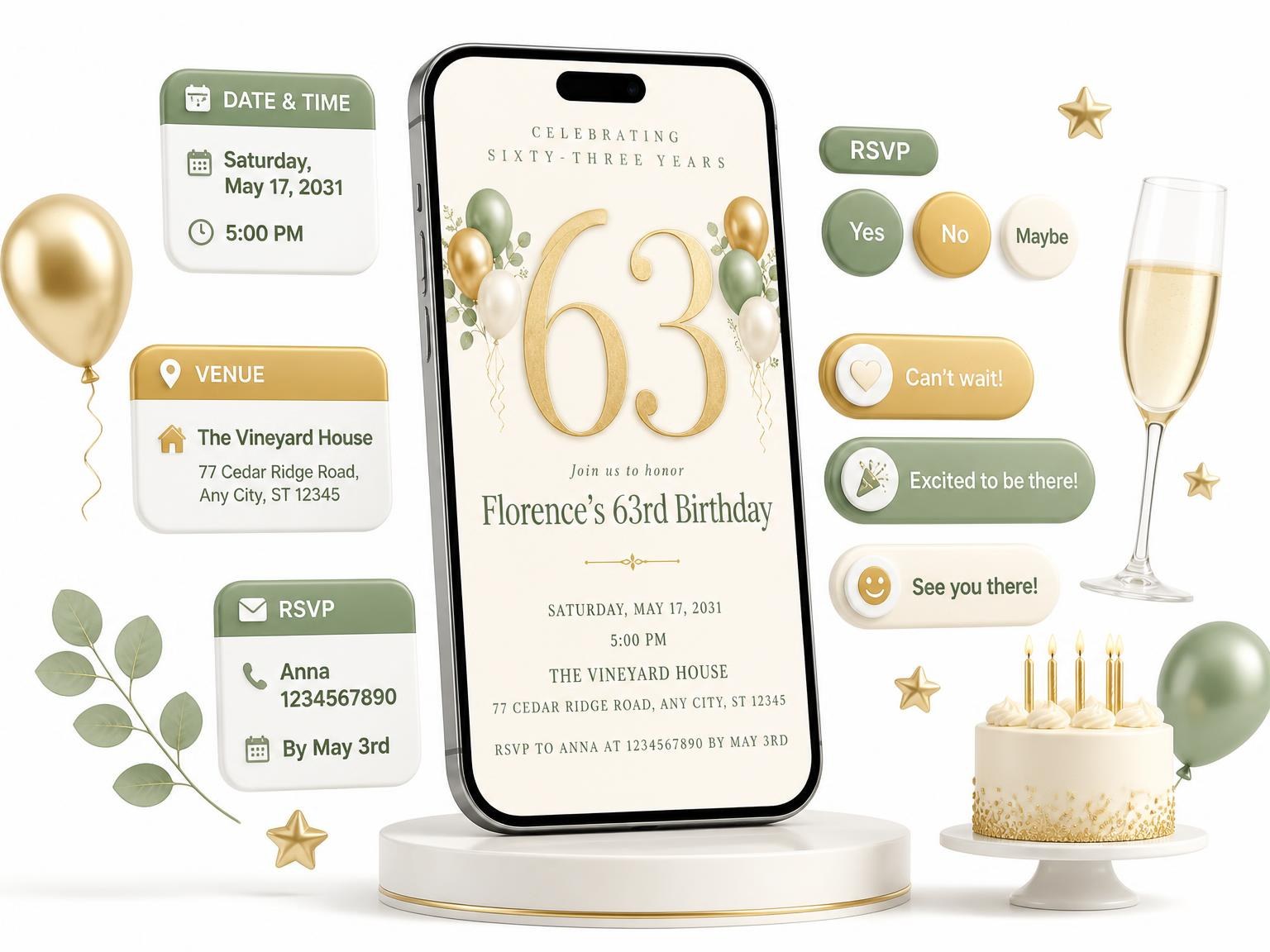 The Sage and Ivory 63rd Birthday Invitation invitation on a phone, with guest RSVPs arriving around it