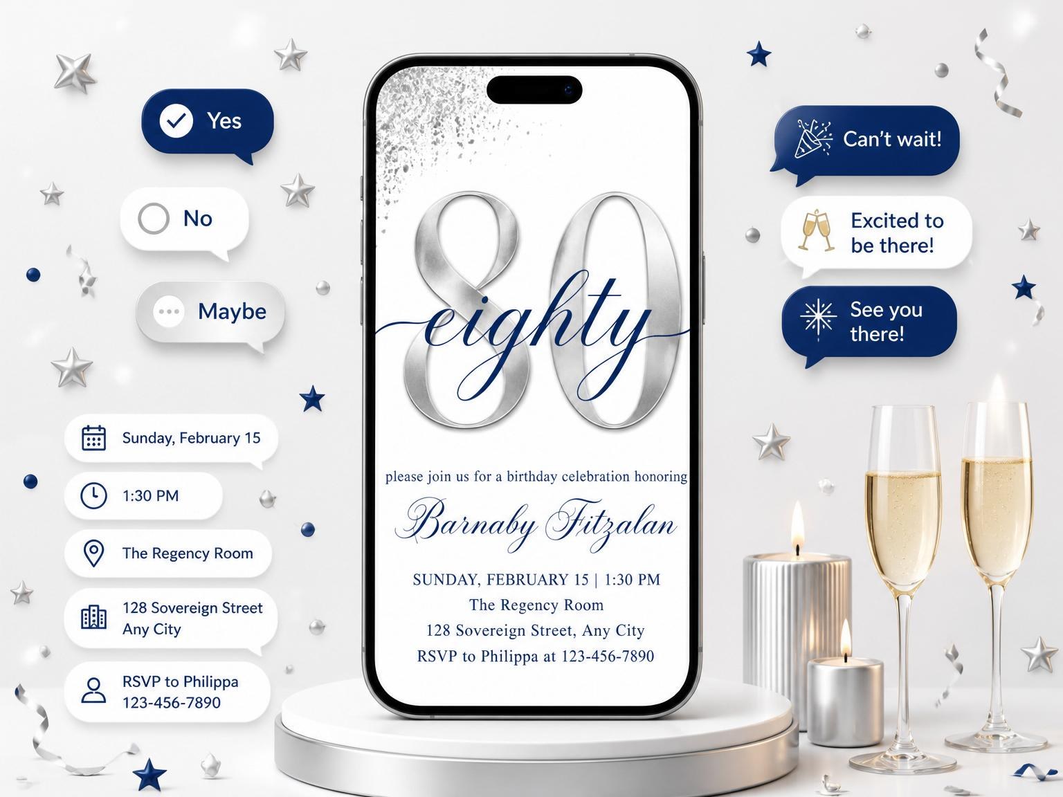 The Silver Foil Navy 80th Birthday invitation on a phone, with guest RSVPs arriving around it