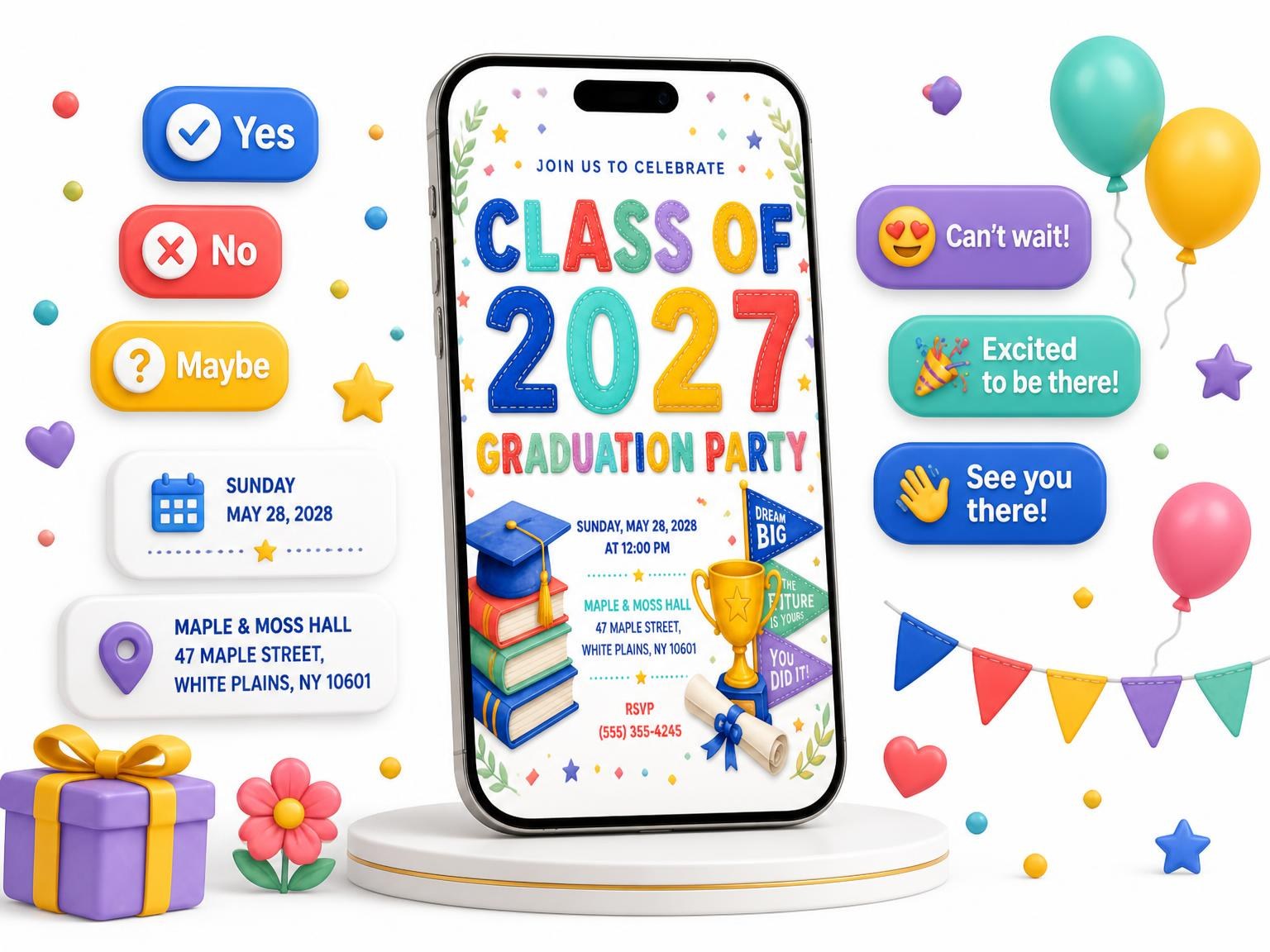 The Trophy And Pennant Graduation Party Invitation invitation on a phone, with guest RSVPs arriving around it
