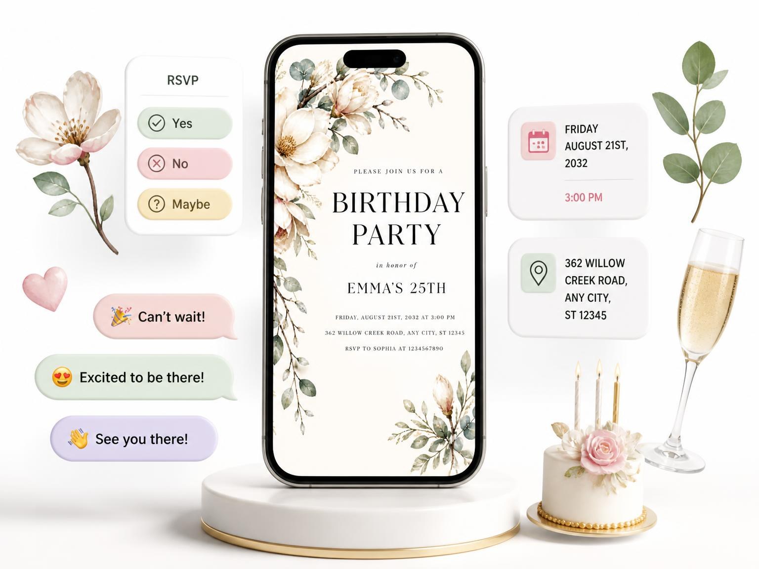 The Eucalyptus Botanical Ivory 25th Birthday Invitation invitation on a phone, with guest RSVPs arriving around it