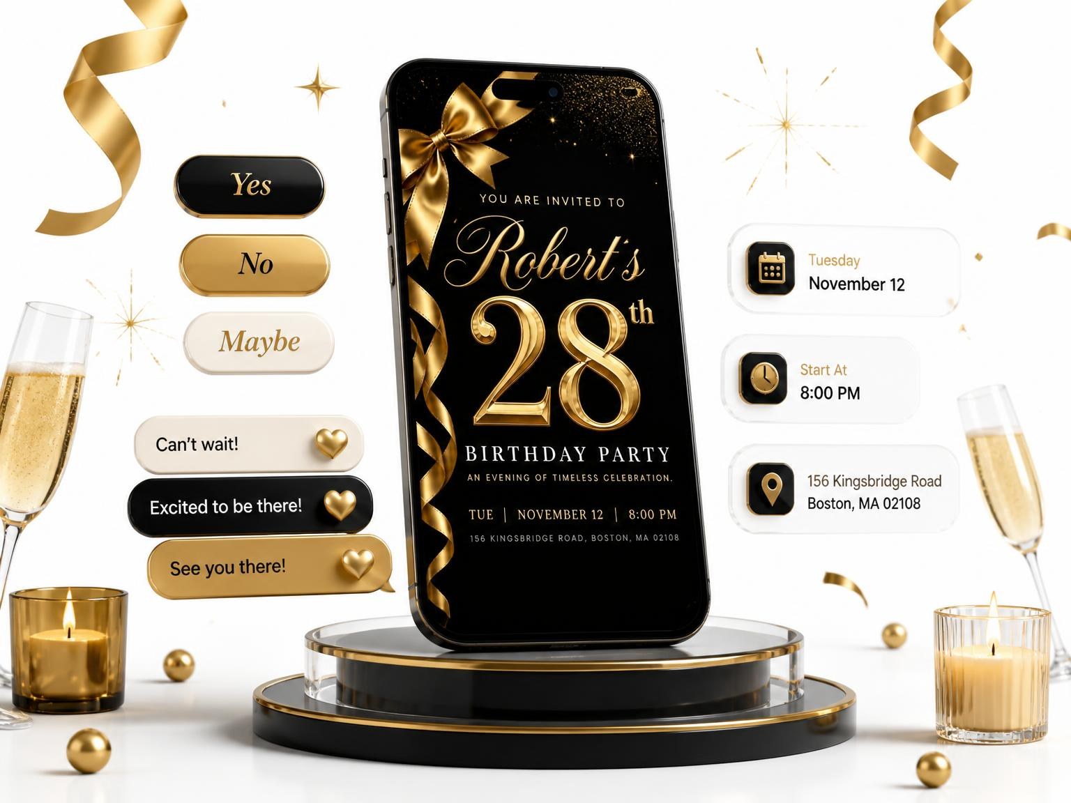 The Black and Gold Ribbon 28th Birthday invitation on a phone, with guest RSVPs arriving around it