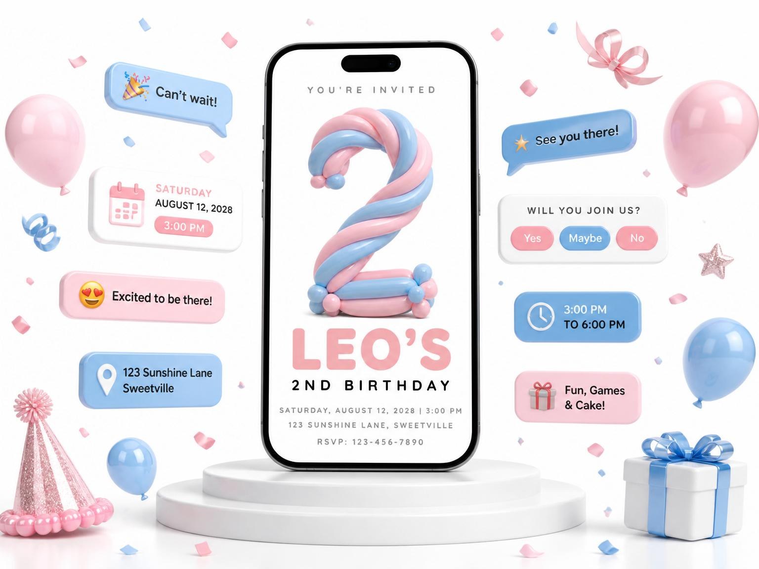 The Pink Blue Balloon Number 2nd Birthday invitation on a phone, with guest RSVPs arriving around it