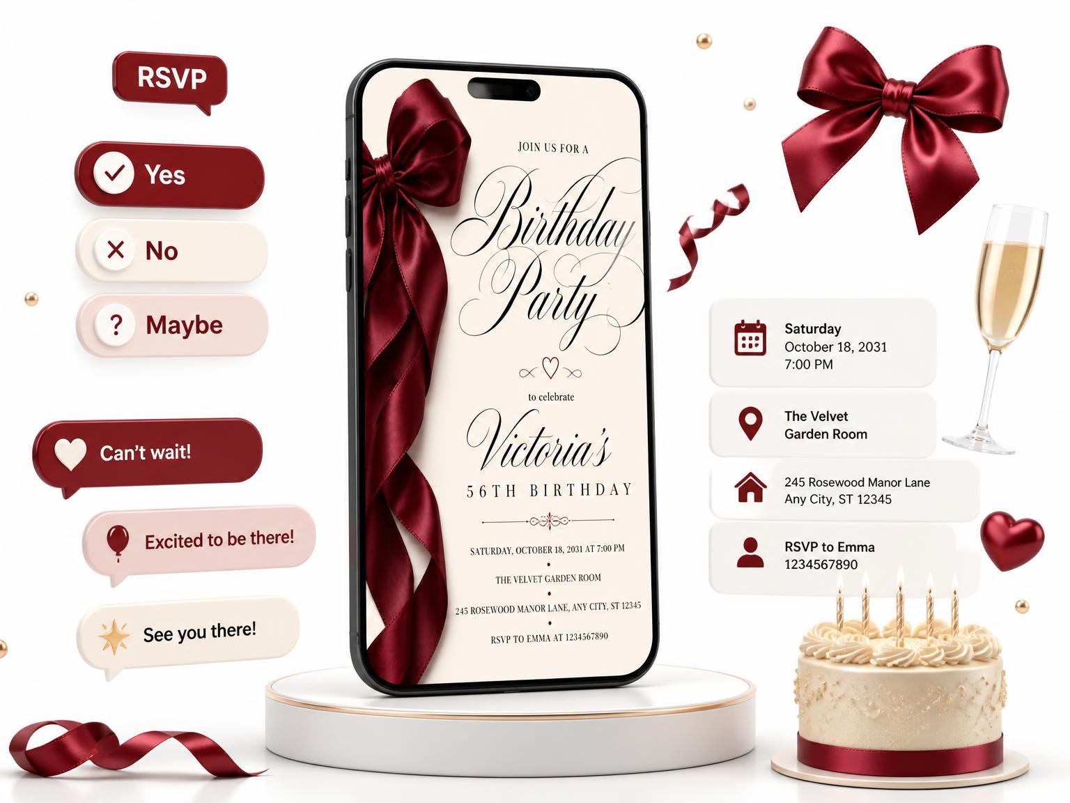 The Burgundy Satin Bow 56th Birthday Invitation invitation on a phone, with guest RSVPs arriving around it