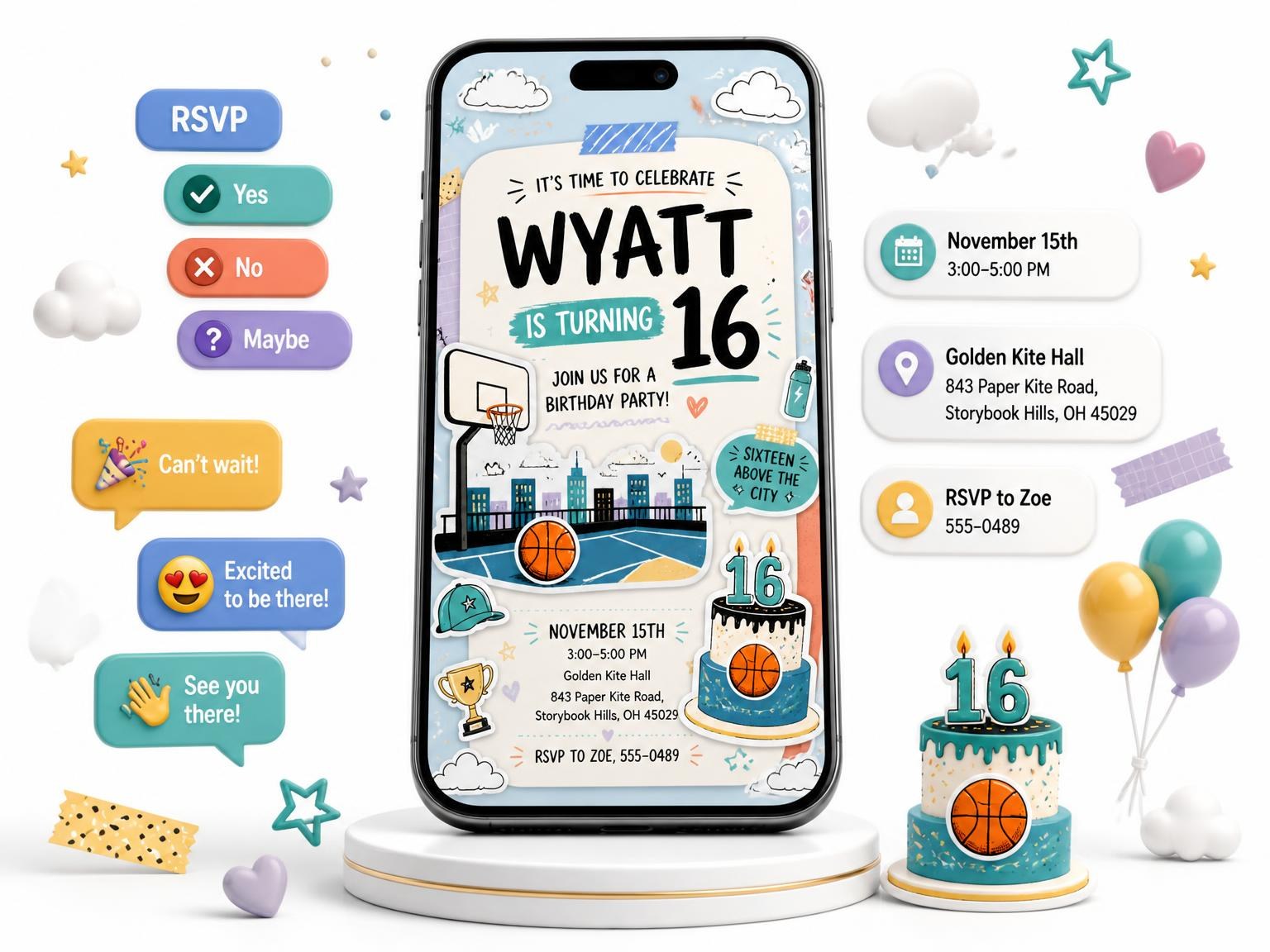 The Basketball Court 16th Birthday Invitation invitation on a phone, with guest RSVPs arriving around it