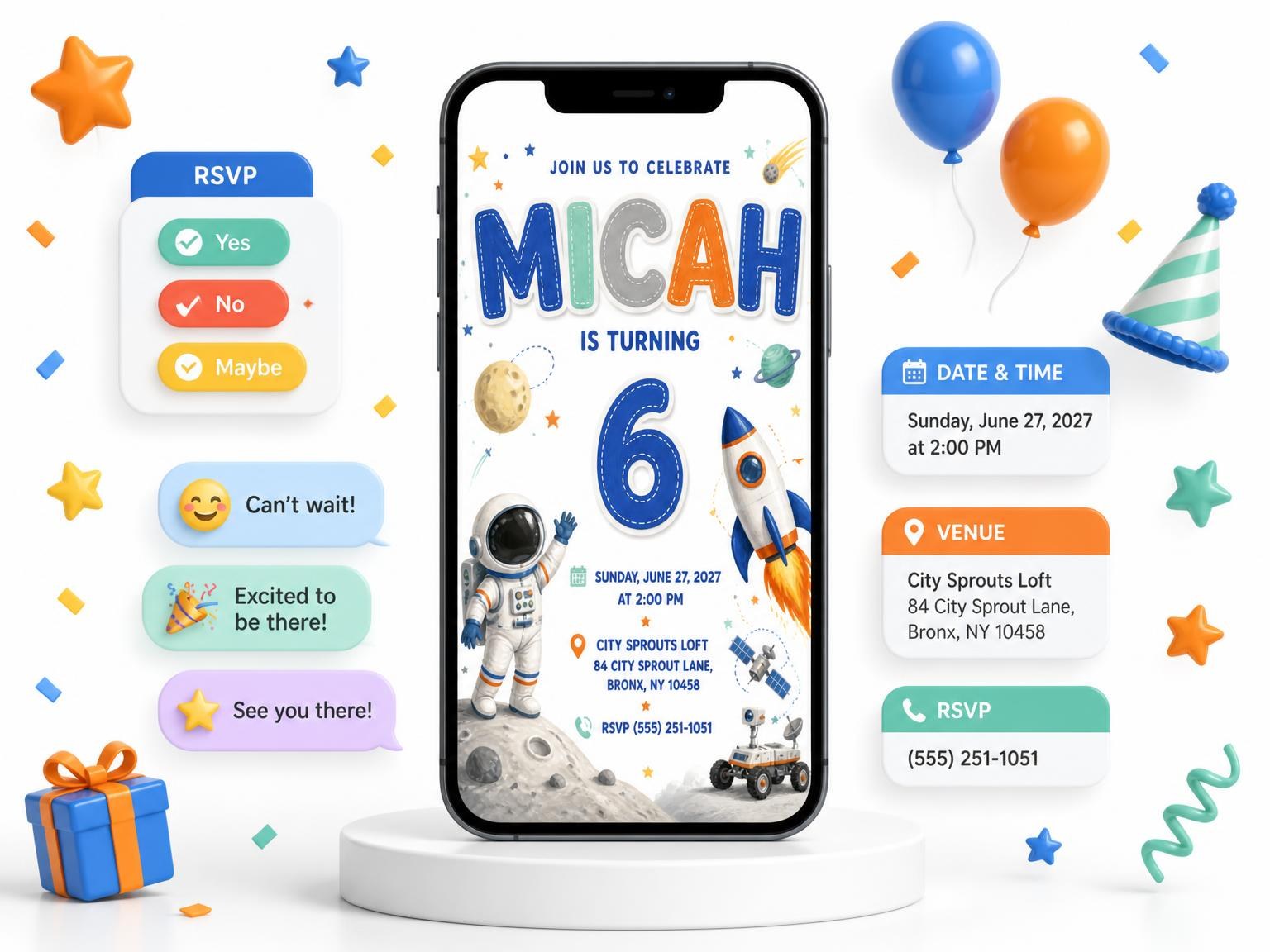 The Rocket Ship Stitched 6th Birthday Invitation invitation on a phone, with guest RSVPs arriving around it