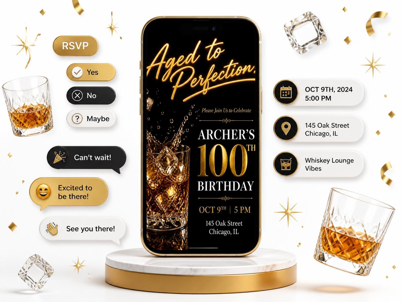 The Whiskey Glass 100th Birthday Invitation invitation on a phone, with guest RSVPs arriving around it
