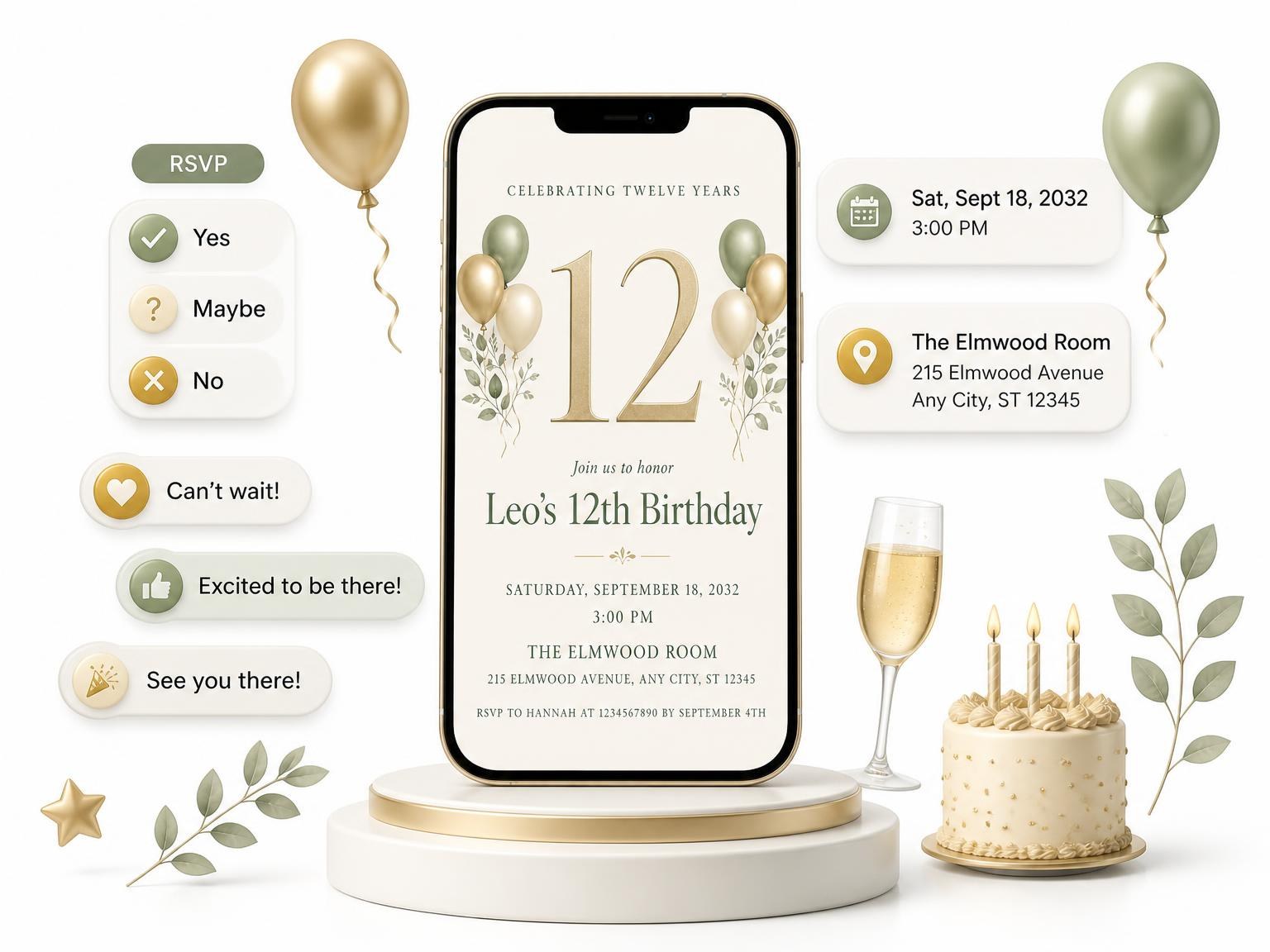 The Sage and Ivory 12th Birthday Invitation invitation on a phone, with guest RSVPs arriving around it