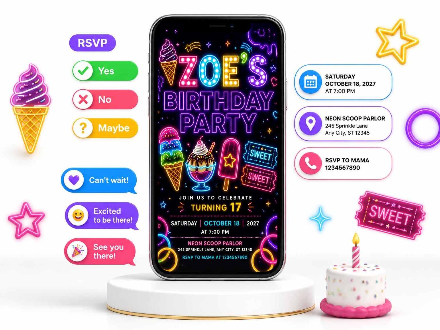 The Neon Ice Cream 17th Birthday Invitation invitation on a phone, with guest RSVPs arriving around it